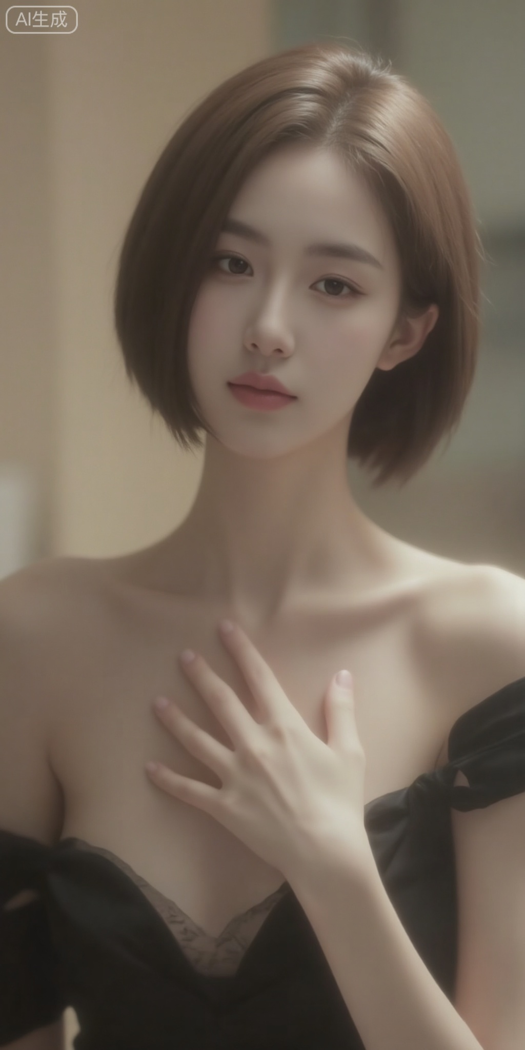 XY, The highest quality of image, a masterpiece-level work with 4K resolution. The protagonist is a woman who covers her chest with one hand in the footage; it’s a single-shot scene featuring a slender character with short hair.