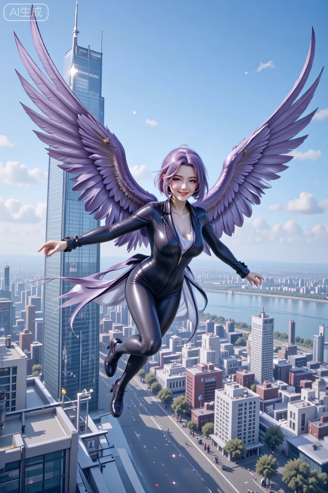 画面呈现出奇幻与都市结合的风格,一位有着紫色短发,身穿黑色紧身衣的人物,正张开双臂如飞鸟般在城市上空飞翔,巨大宏伟的紫色羽翼,羽毛纹理清晰可闻,还微笑看着观众。背景是晴朗白天的现代都市景观,有高耸入云的玻璃幕墙摩天大楼,下方是错落有致的各类建筑,远处能看到河流与开阔的天空,阳光洒下,整体氛围既充满奇幻感又展现出都市的繁华与广阔。