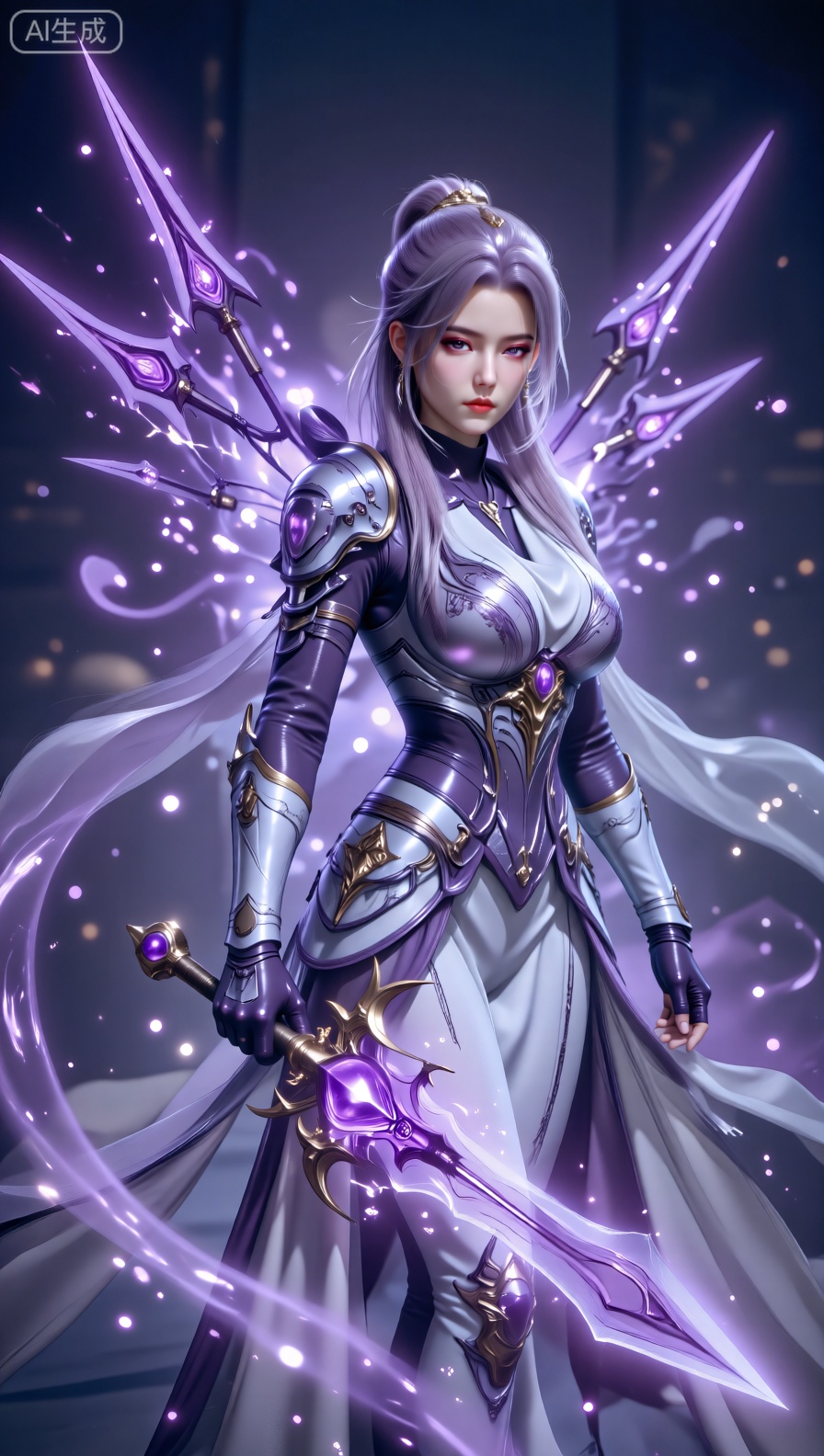 一位身着未来感与奇幻风格结合盔甲的女性角色,盔甲以紫白为主色调,搭配金色装饰,头部戴着带有发光效果的头盔,背后延伸出多把带有紫色能量核心的刃状武器。她手持一柄镶嵌紫色宝石、散发紫色能量的华丽武器,周身环绕着流动着紫色光效与能量波纹,姿态充满力量感。背景为深邃的暗色调,凸显出角色与能量特效的明亮绚丽,整体画面风格偏向科幻玄幻,光线炫酷,细节精致,营造出强烈的战斗与神秘氛围。