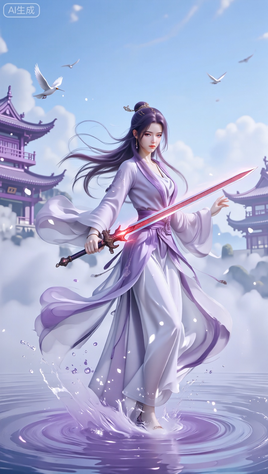 一位身着紫色飘逸古装的女子,手持散发红光的长剑,身姿轻盈如在水面腾跃,衣袂与长发随风飞舞,配饰精美,脚边带起紫色水浪特效。背景是云雾缭绕的古风仙境,有飞檐翘角的紫色古建楼阁,几只白色飞鸟翱翔于澄澈蓝天,整体画面以清冷的紫白色调为主,光线清新明亮,营造出空灵玄幻的仙侠氛围,风格精致写实,细节丰富,充满动态美感。