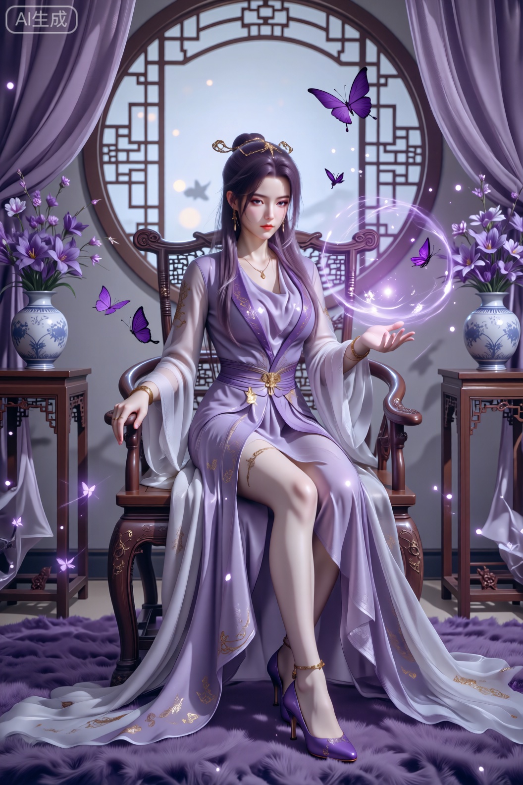 一位女子坐在古色古香的雕花木椅上,身着带有金色花纹装饰的紫色飘逸长裙,裙摆垂落铺展,搭配金色腕饰与精致的紫色高跟鞋。她的手掌上方悬浮着散发紫色光芒的魔法能量,周围有紫色蝴蝶飞舞。背景是带有圆形窗棂的古风室内场景,两侧摆放着插有紫色花朵的蓝白相间花瓶,紫色帷幔垂下,地面铺着紫色绒毯,整体画面光线柔和梦幻,营造出神秘优雅的玄幻氛围,风格精致写实,细节丰富。