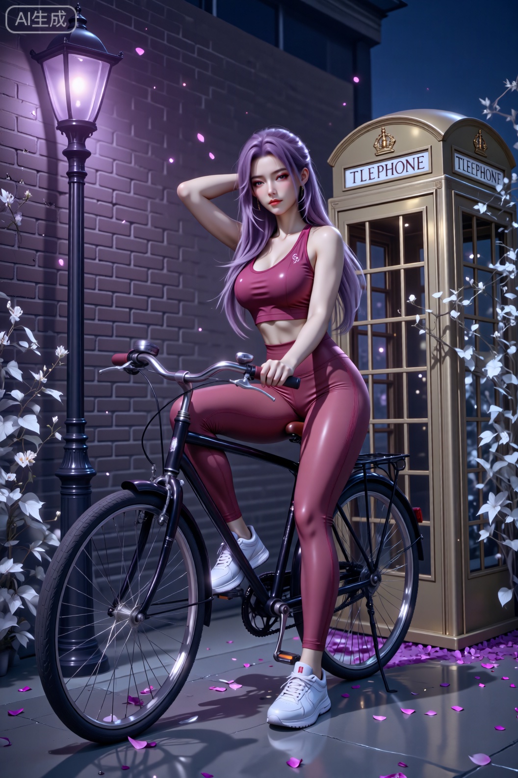夜晚的场景中,一位紫色长发的女性坐在黑色自行车上,她穿着红色运动背心、同色紧身裤与白色运动鞋,一手扶车把、一手轻搭头部,姿态优雅。背景是深色砖墙,旁有亮着紫光的复古路灯,还有金色的电话亭,周围点缀着白色的藤蔓与散落的花瓣,整体氛围在昏暗光线烘托下,既带复古感又显时尚浪漫