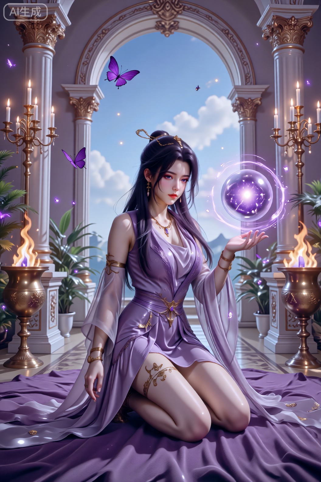 一位女子跪坐在华丽的欧式宫殿内,她身着带有金色装饰的紫色飘逸长裙,搭配金色臂环、腿饰与精致项链等配饰,乌黑长发上饰有头饰。她的手掌上方悬浮着一颗散发紫色光芒的魔法球,周围环绕着紫色光带。宫殿内部有精美的金色雕花立柱、悬挂的烛台灯火璀璨,两侧摆放着燃烧火焰的金色器皿与绿植,穹顶能望见蓝天,还有紫色蝴蝶飞舞,地面铺着紫色绒毯,整体画面光线梦幻华丽,营造出神秘的魔幻氛围,风格精致写实,细节丰富。