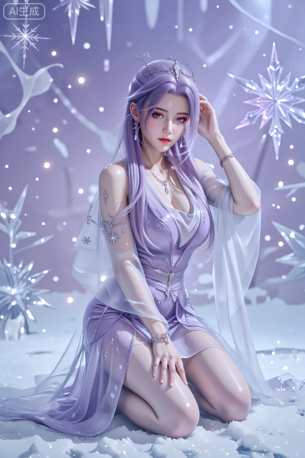 一位如同冰雪精灵般的女性,  有着冰紫色长发,  头戴冰晶王冠 on Tensor.Art