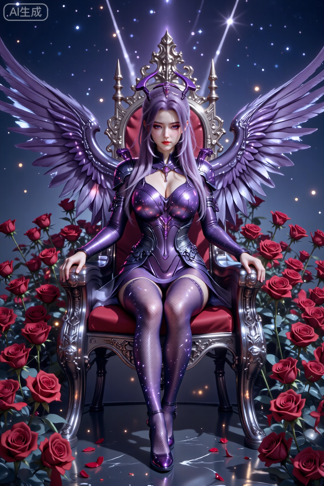 一位充满奇幻感的女性端坐于华丽的金属王座之上,  背后展开巨大的紫色羽翼,  羽翼光泽亮丽如烈焰。她有着紫色长发 on Tensor.Art