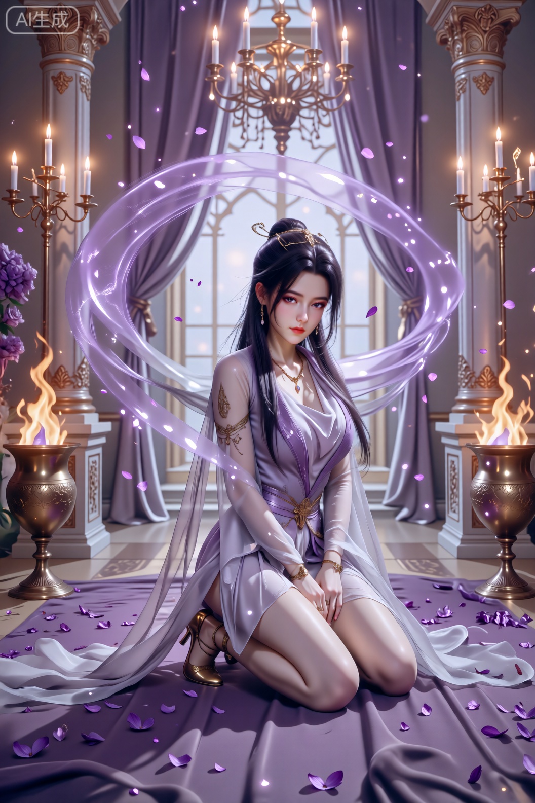 一位女子跪坐在华丽的欧式宫殿内,她身着带有金色装饰的淡紫色飘逸长裙,搭配金色绑带高跟鞋与精致的臂环、项链等配饰,乌黑长发优雅盘起并饰有头饰。周围环绕着流动的紫色光带与闪烁的紫色花瓣,宫殿内有精美的金色雕花立柱、悬挂的烛台灯火璀璨,两侧摆放着燃烧火焰的金色器皿,地面铺着紫色绒毯,散落着紫色花瓣,整体画面光线温暖华丽,营造出梦幻神秘的魔幻氛围,风格精致写实,细节丰富。