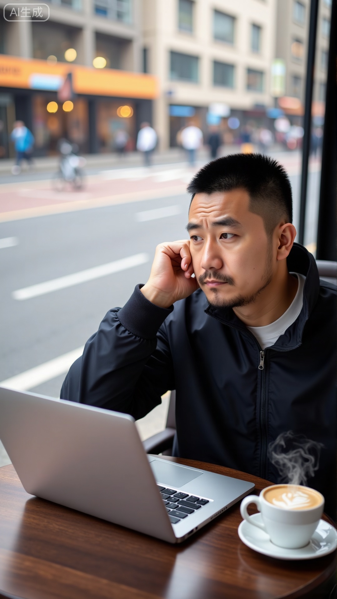 DYMAN,On the bustling street, there is a stylish coffee seat. A short - haired man is sitting there quietly. An open laptop is placed on the table in front of him, and the screen emits a soft glow. Next to it is a steaming cup of coffee, with wisps of fragrant steam rising. The man slightly frowns, supporting his chin with his hand, wearing a focused and pensive expression. He seems to be immersed in work or some important thought. People and vehicles pass by in an endless stream on the street, but he seems to be in his own world.