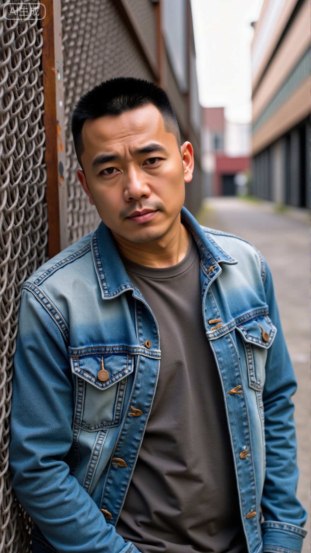 DYMAN, A 30-year-old man with short, crisp hair, wearing a faded denim jacket over a plain t-shirt, leaning against a rusted metal fence in an industrial alley, his jawline sharp and gaze steady, oozing a raw, unpolished masculinity