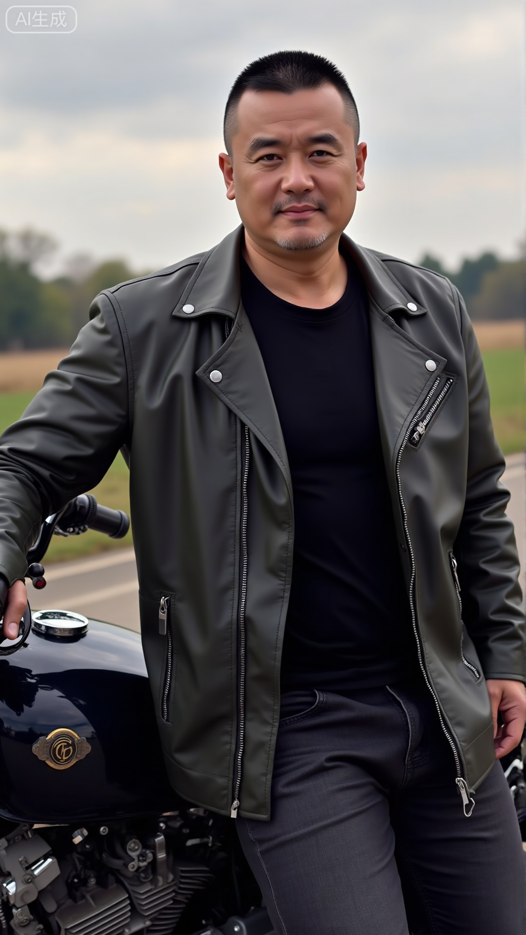 DYMAN,
A man in his 30s with neat short hair, wearing a well-fitted leather jacket, leaning against a vintage motorcycle, exuding a rugged masculinity
