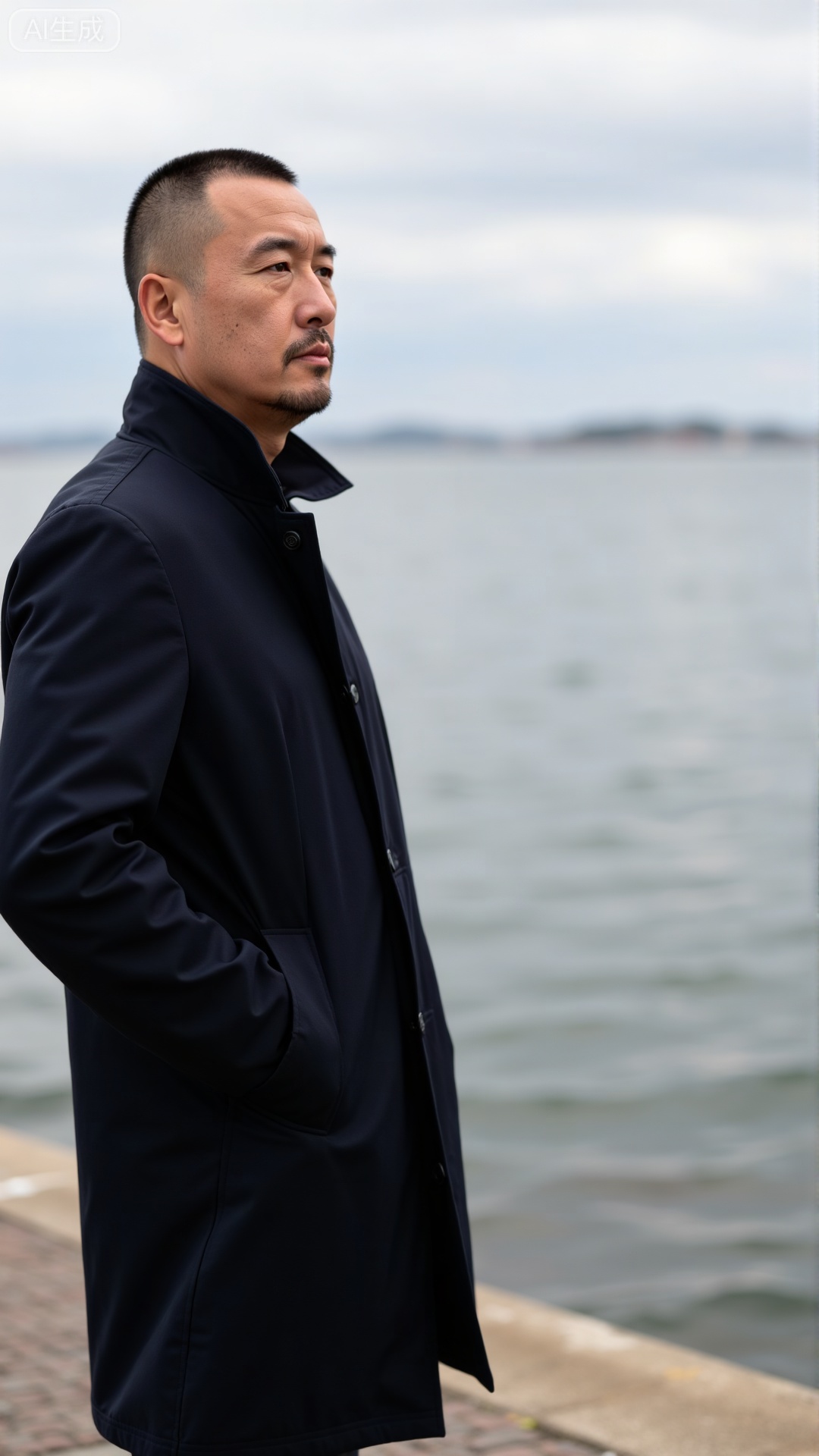 DYMAN,
DYMAN, A man over 35 with cropped short hair, donning a dark trench coat, standing at the edge of a dock with hands in pockets, gazing at the distant sea, permeated with a calm and composed masculinity