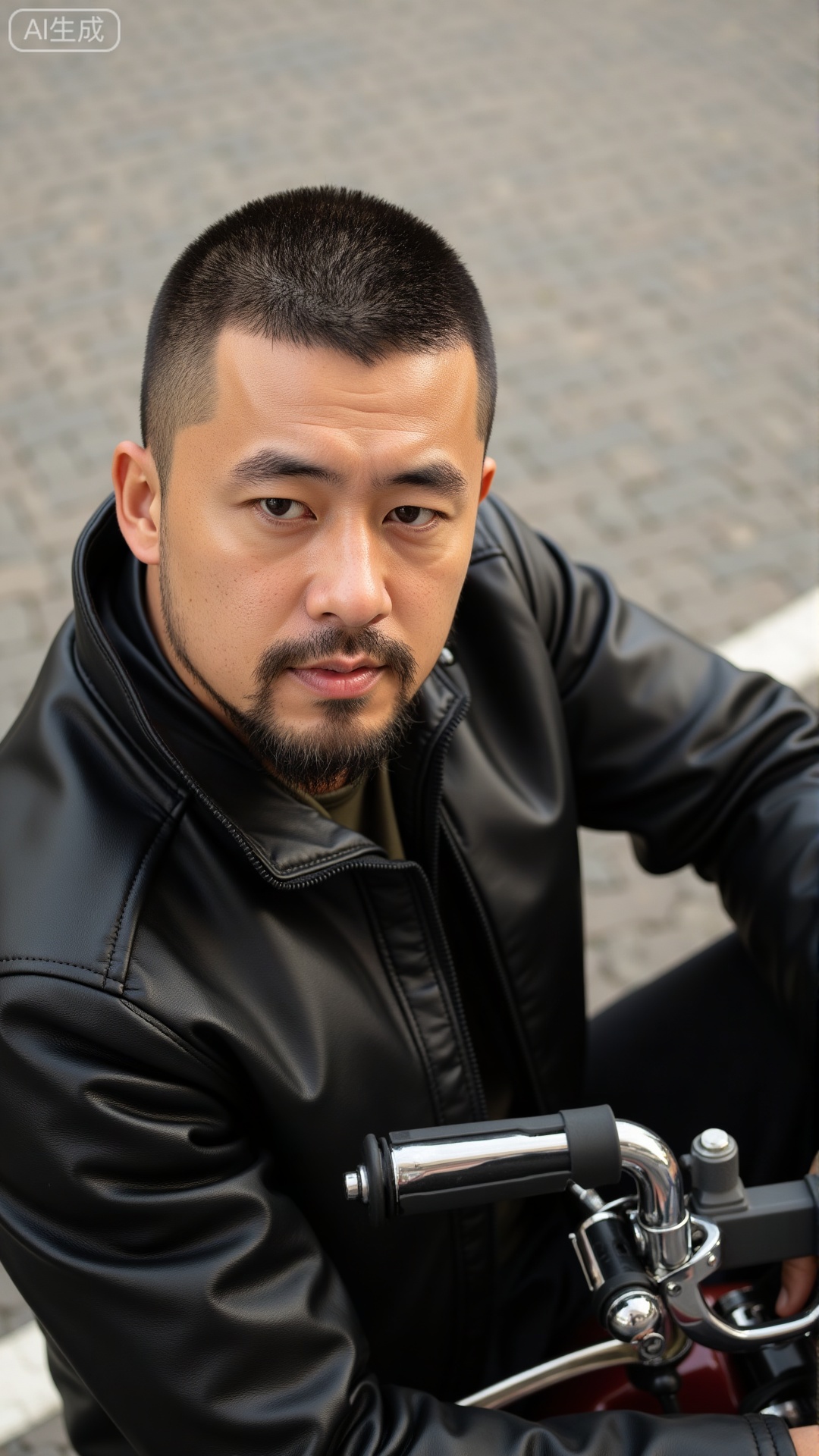 DYMAN,
A man in his 30s with neat short hair, wearing a well-fitted leather jacket, leaning against a vintage motorcycle, exuding a rugged masculinity