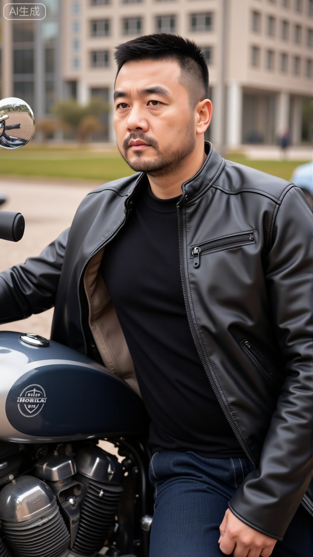 DYMAN,
A man in his 30s with neat short hair, wearing a well-fitted leather jacket, leaning against a vintage motorcycle, exuding a rugged masculinity