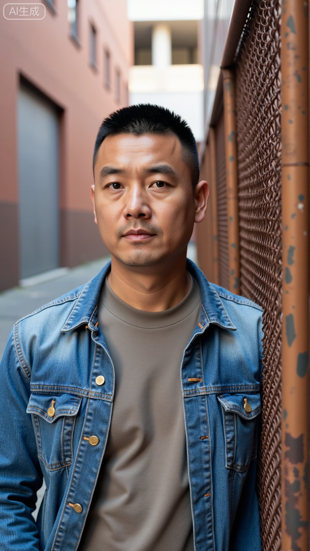 DYMAN, A 30-year-old man with short, crisp hair, wearing a faded denim jacket over a plain t-shirt, leaning against a rusted metal fence in an industrial alley, his jawline sharp and gaze steady, oozing a raw, unpolished masculinity