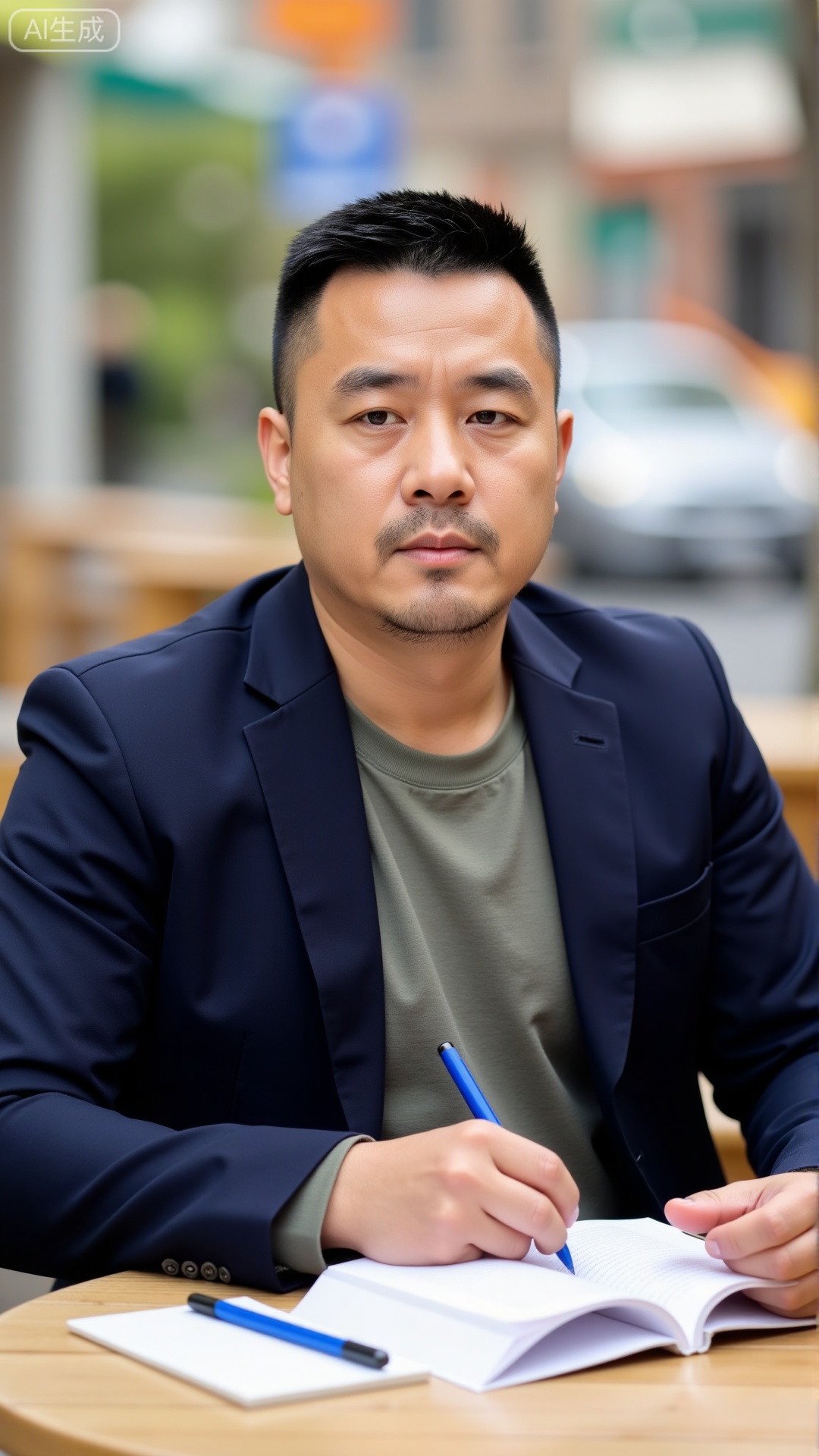 DYMAN, A 37-year-old man with neat short hair, dressed in a dark, tailored blazer over a plain tee, sitting at an outdoor café table with a book in one hand and a pen in the other, pausing to nod at a passing neighbor—calm in his posture and a thoughtful spark in his eye, permeated with a composed, approachable masculinity