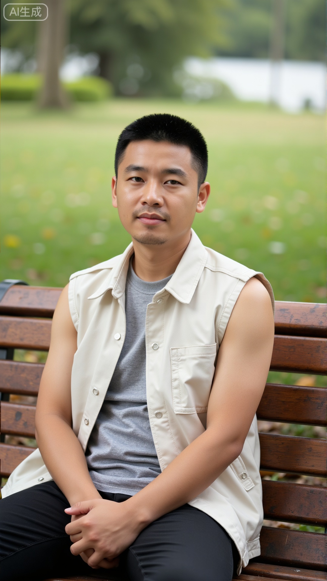 DYMAN, A young man wearing a shabby white vest sitting on a park bench, dressing artistic atmosphere