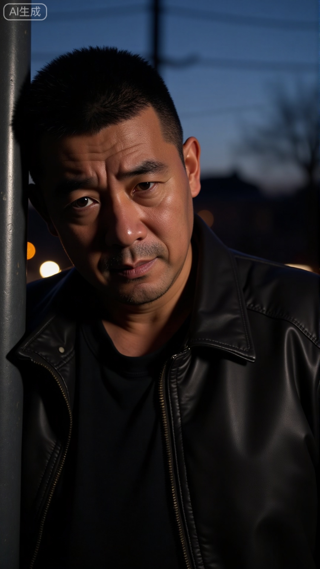 DYMAN, A man in his early 40s with neat short hair, clad in a frayed leather jacket, leaning against a dim streetlamp at dusk, one hand loosely gripping a half-empty bottle, his gaze dull and lips pressed tight as if suppressing a long, heavy sigh, the weight of life's frustrations etched in the lines of his facemasculinity