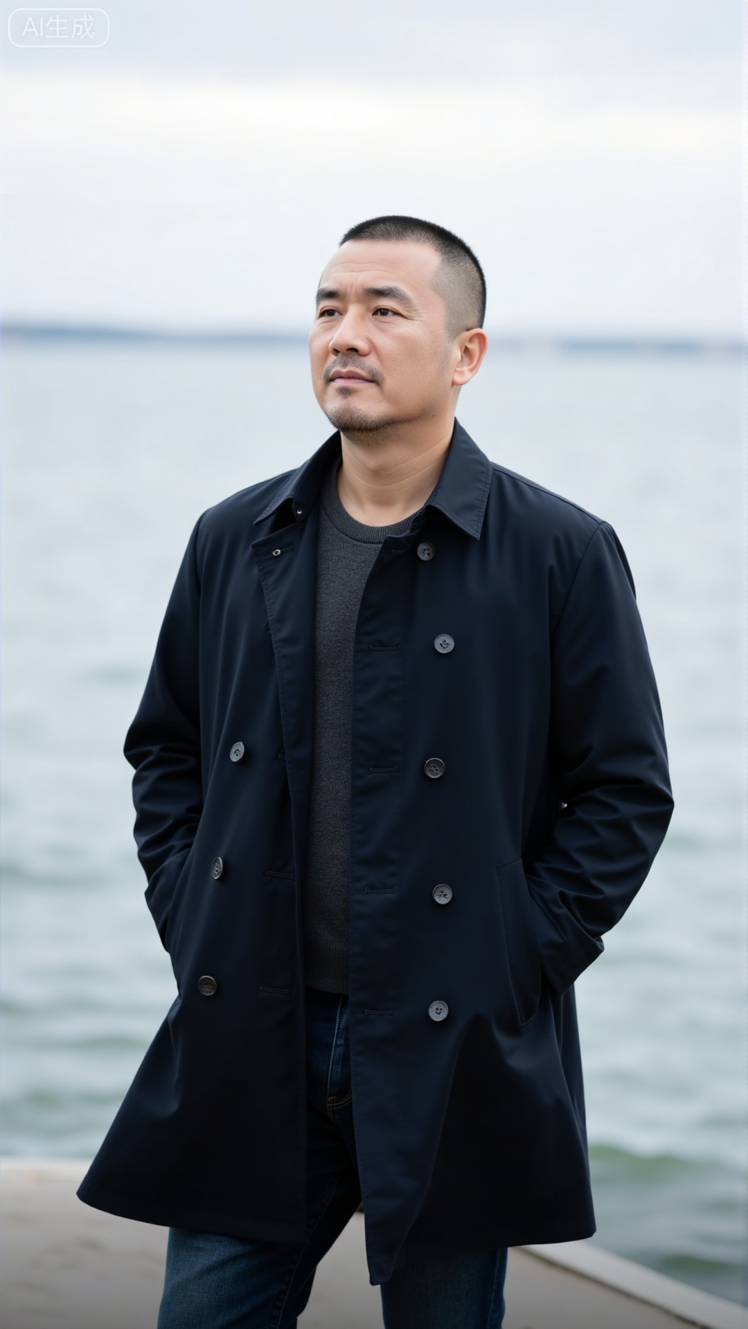 DYMAN,
DYMAN, A man over 35 with cropped short hair, donning a dark trench coat, standing at the edge of a dock with hands in pockets, gazing at the distant sea, permeated with a calm and composed masculinity