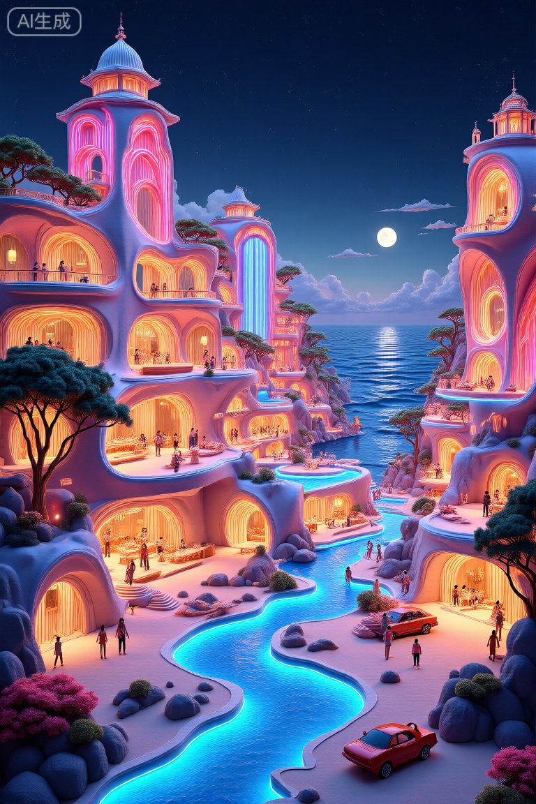波普风格建筑,这幅图描绘了一个梦幻般的、未来主义的夜晚城市景观,其特点是明亮的粉红色和蓝色灯光。建筑是异想天开的,有多个相互连接的建筑,具有圆顶塔楼和拱形窗户。人们在阳台和人行道上从事各种活动。一条蜿蜒的蓝色小路穿过前景,通向宁静的水体,反射着周围的光线。路边停着红色的汽车,以星空和新月为背景。整体氛围是神奇和诱人的,融合了幻想和现代设计的元素。