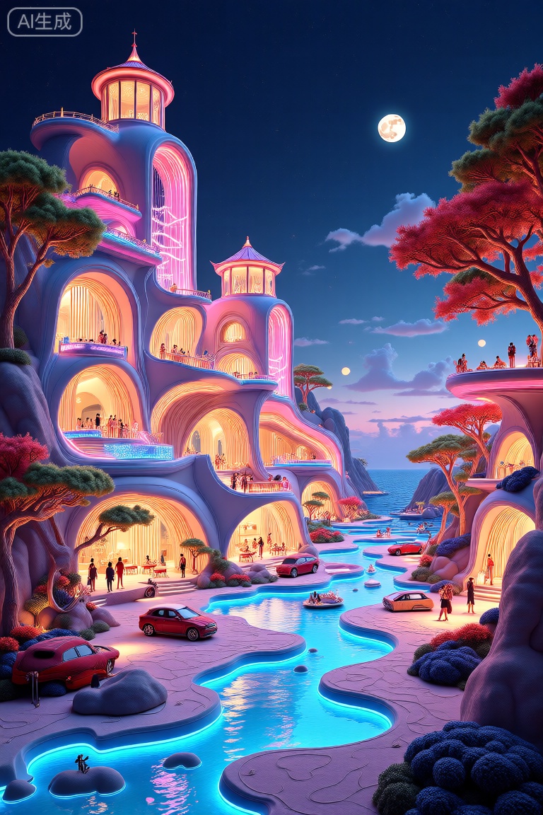 波普风格建筑,这幅图描绘了一个梦幻般的、未来主义的夜晚城市景观,其特点是明亮的粉红色和蓝色灯光。建筑是异想天开的,有多个相互连接的建筑,具有圆顶塔楼和拱形窗户。人们在阳台和人行道上从事各种活动。一条蜿蜒的蓝色小路穿过前景,通向宁静的水体,反射着周围的光线。路边停着红色的汽车,以星空和新月为背景。整体氛围是神奇和诱人的,融合了幻想和现代设计的元素。
