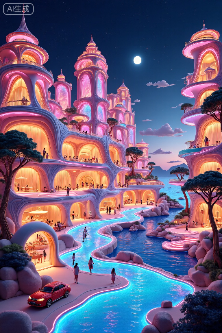 波普风格建筑,这幅图描绘了一个梦幻般的、未来主义的夜晚城市景观,其特点是明亮的粉红色和蓝色灯光。建筑是异想天开的,有多个相互连接的建筑,具有圆顶塔楼和拱形窗户。人们在阳台和人行道上从事各种活动。一条蜿蜒的蓝色小路穿过前景,通向宁静的水体,反射着周围的光线。路边停着红色的汽车,以星空和新月为背景。整体氛围是神奇和诱人的,融合了幻想和现代设计的元素。