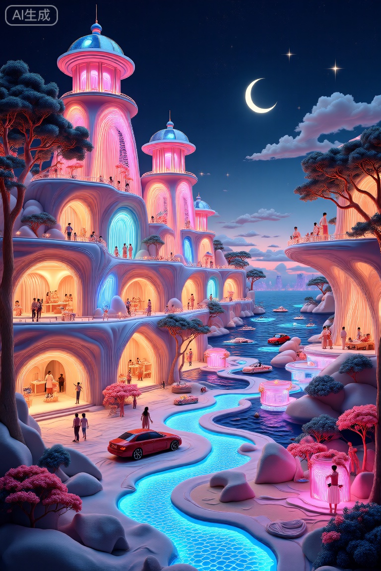 波普风格建筑,这幅图描绘了一个梦幻般的、未来主义的夜晚城市景观,其特点是明亮的粉红色和蓝色灯光。建筑是异想天开的,有多个相互连接的建筑,具有圆顶塔楼和拱形窗户。人们在阳台和人行道上从事各种活动。一条蜿蜒的蓝色小路穿过前景,通向宁静的水体,反射着周围的光线。路边停着红色的汽车,以星空和新月为背景。整体氛围是神奇和诱人的,融合了幻想和现代设计的元素。