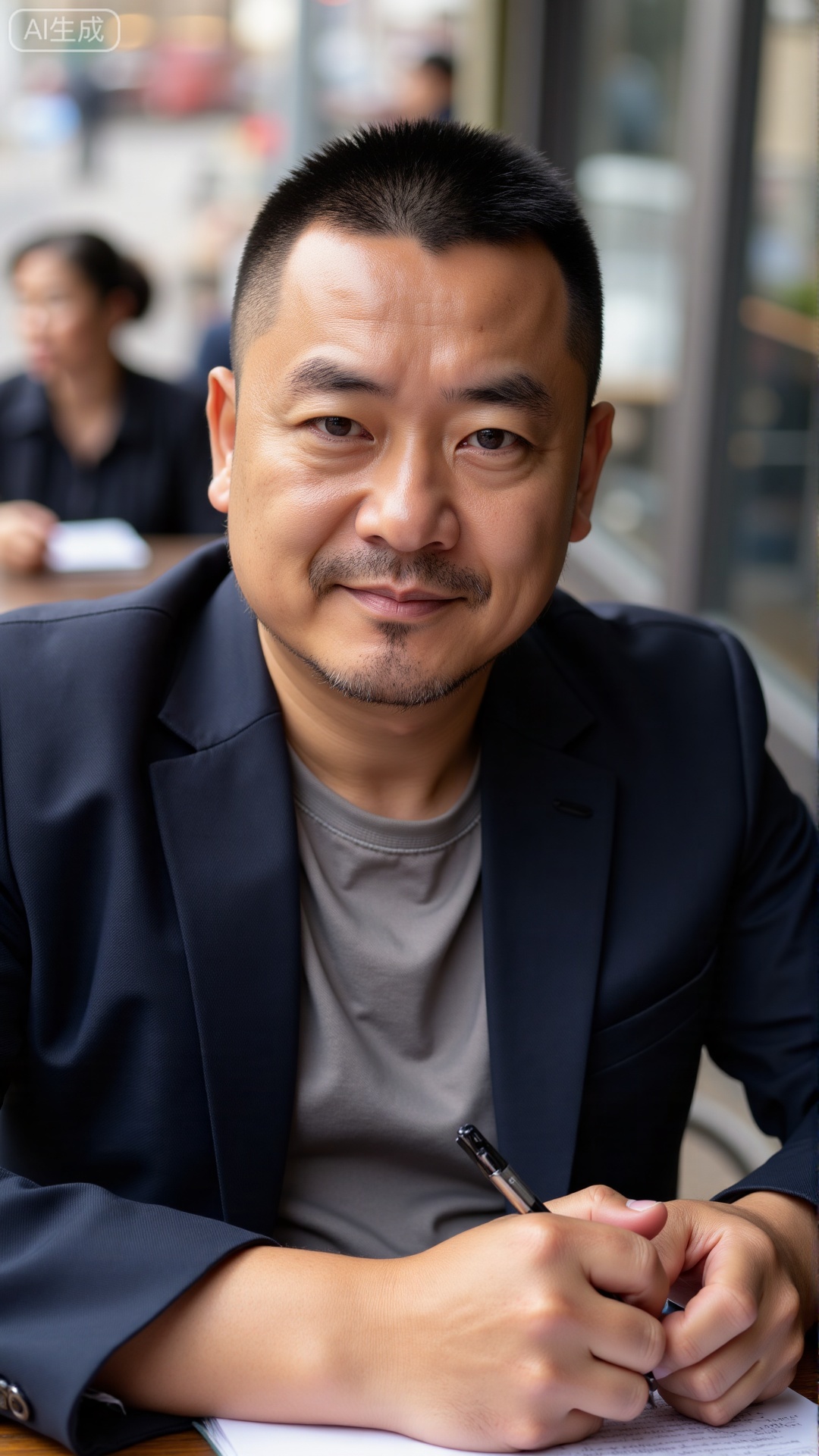 DYMAN, A 37-year-old man with neat short hair, dressed in a dark, tailored blazer over a plain tee, sitting at an outdoor café table with a book in one hand and a pen in the other, pausing to nod at a passing neighbor—calm in his posture and a thoughtful spark in his eye, permeated with a composed, approachable masculinity