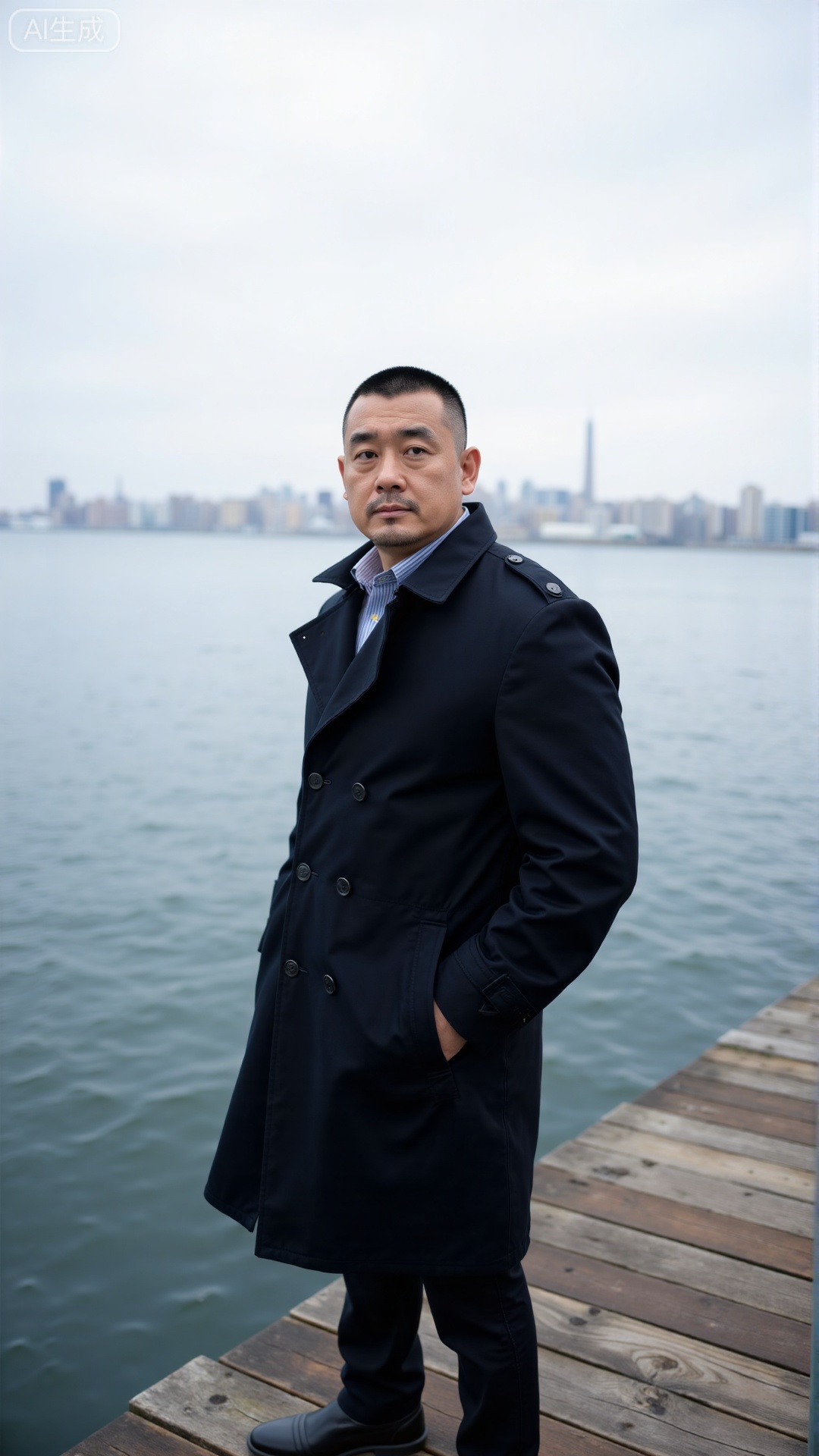 DYMAN, DYMAN, A man over 35 with cropped short hair, donning a dark trench coat, standing at the edge of a dock with hands in pockets, gazing at the distant sea, permeated with a calm and composed masculinity