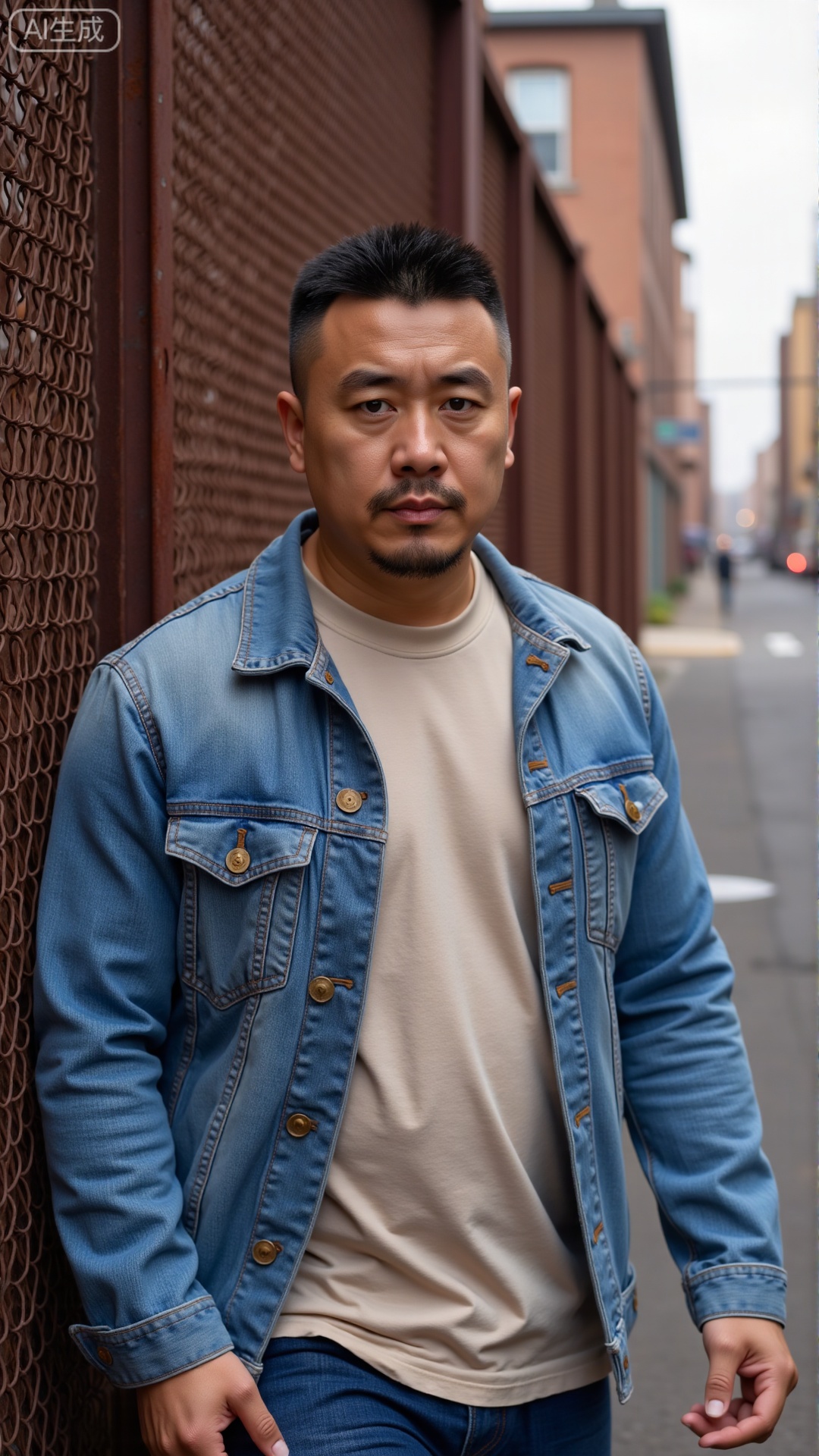 DYMAN, A 30-year-old man with short, crisp hair, wearing a faded denim jacket over a plain t-shirt, leaning against a rusted metal fence in an industrial alley, his jawline sharp and gaze steady, oozing a raw, unpolished masculinity