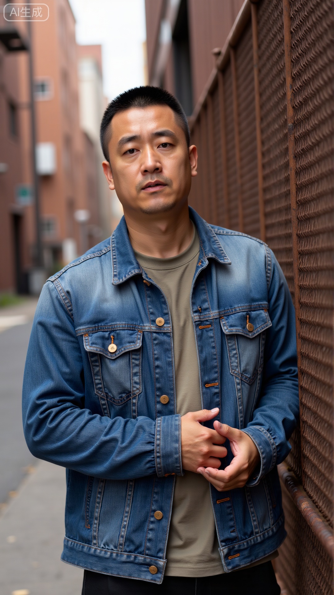 DYMAN, A 30-year-old man with short, crisp hair, wearing a faded denim jacket over a plain t-shirt, leaning against a rusted metal fence in an industrial alley, his jawline sharp and gaze steady, oozing a raw, unpolished masculinity