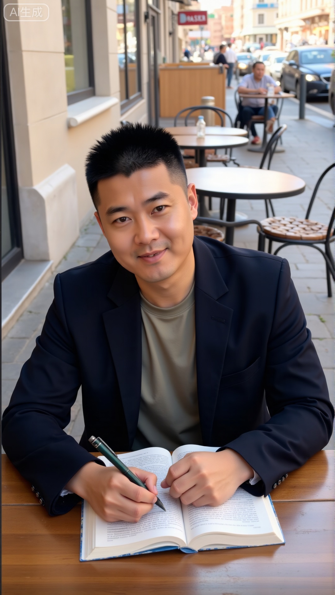 DYMAN, A 37-year-old man with neat short hair, dressed in a dark, tailored blazer over a plain tee, sitting at an outdoor café table with a book in one hand and a pen in the other, pausing to nod at a passing neighbor—calm in his posture and a thoughtful spark in his eye, permeated with a composed, approachable masculinity