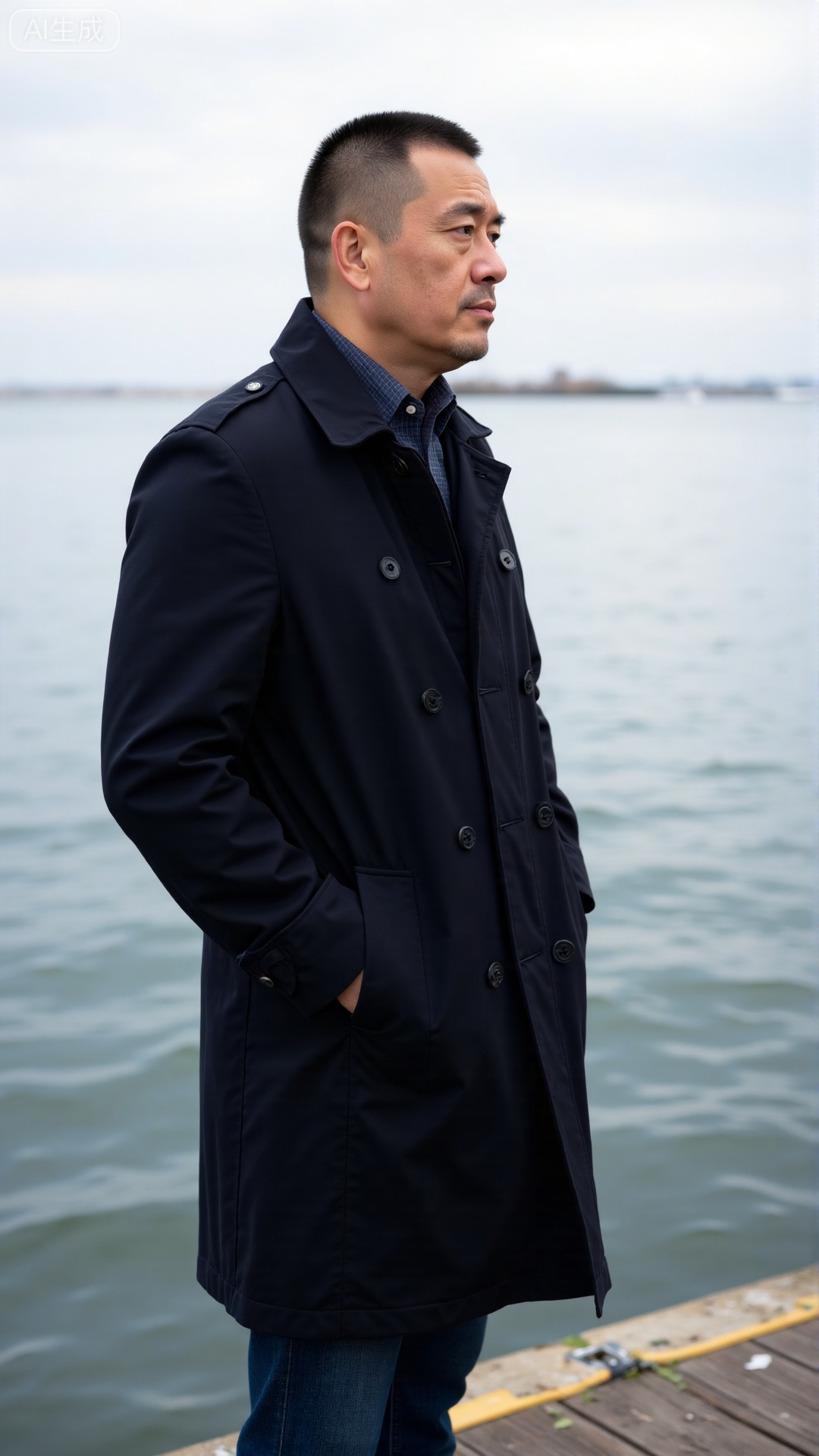 DYMAN, DYMAN, A man over 35 with cropped short hair, donning a dark trench coat, standing at the edge of a dock with hands in pockets, gazing at the distant sea, permeated with a calm and composed masculinity
