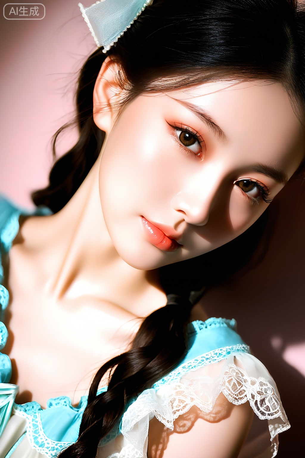 A serene portrait of a mysterious young woman, her soft gaze conveying a sense of quiet introspection. Her flowing dark hair cascades like a gentle stream, with a white ribbon subtly tied as if symbolizing purity. The lace detail of her blouse evokes a timeless, almost ethereal quality. The background is replaced with a smooth gradient, transitioning subtly from a soft pastel hue to a gentle, luminous tone, emphasizing her delicate features. The interplay of light and shadow on her face creates a poetic rhythm, allowing her elegance and beauty to stand out against the minimalist, dreamlike backdrop.
,score_9,score_8_up,score_7_up,source_real,realistic,photorealistic,