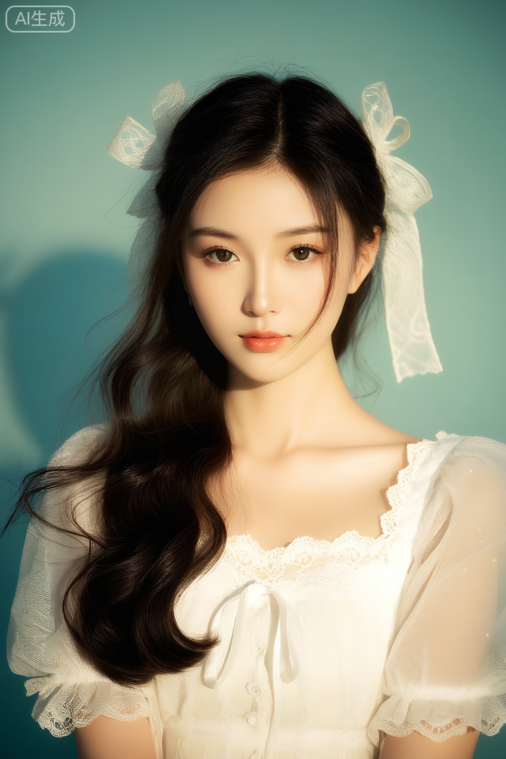 A serene portrait of a mysterious young woman, her soft gaze conveying a sense of quiet introspection. Her flowing dark hair cascades like a gentle stream, with a white ribbon subtly tied as if symbolizing purity. The lace detail of her blouse evokes a timeless, almost ethereal quality. The background is replaced with a smooth gradient, transitioning subtly from a soft pastel hue to a gentle, luminous tone, emphasizing her delicate features. The interplay of light and shadow on her face creates a poetic rhythm, allowing her elegance and beauty to stand out against the minimalist, dreamlike backdrop.
,score_9,score_8_up,score_7_up,source_real,realistic,photorealistic,