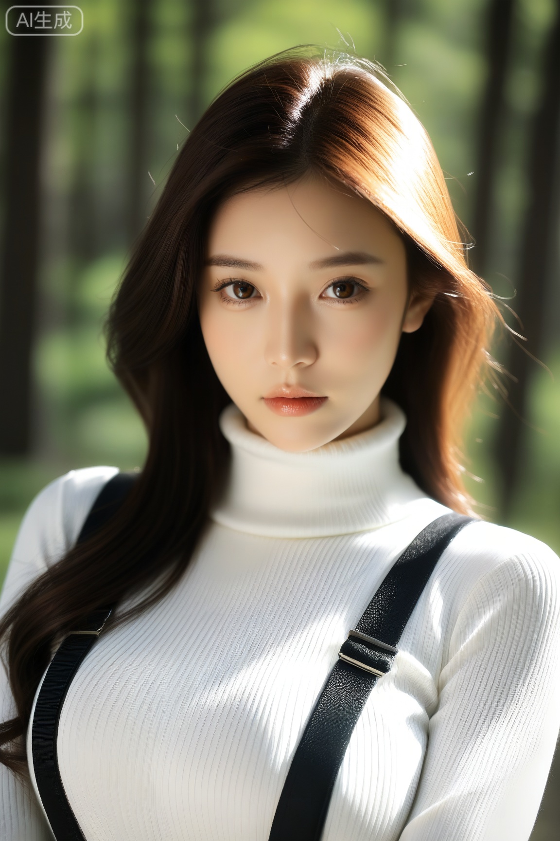 score_9, score_8_up, score_7_up, score_6_up, realistic, photo, dynamic angle, dramatic shadows, detailed face hair and eyes, detailed skin, depth of field, BREAK, 1girl, (cute:1.2), innocent and alluring, long hair, alternative vibe, brown eyes, large breasts, white turtleneck sweater, leather suspenders, portrait, outdoor, forest, looking at viewer, generous, serene