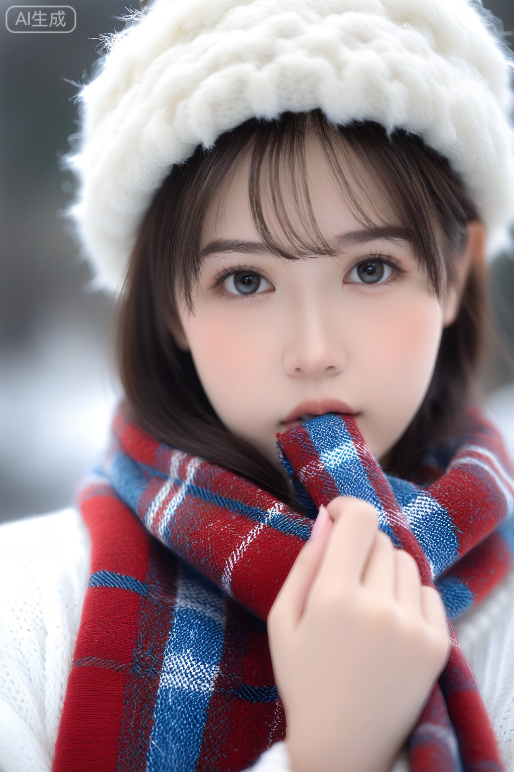 Photo of a young woman with fair skin and brown hair, wearing a thick, fluffy white knit hat and a red knitted sweater with a snowflake pattern. She is holding a black and white plaid scarf up to her face, partially covering her mouth. The background is blurred, with a cool blue color, suggesting a winter scene. Her eyes are looking directly at the camera, with a neutral expression. The lighting is soft and warm, creating a cozy atmosphere. The focus is on her face and scarf, with a shallow depth of field blurring the background. The overall mood is warm and inviting, despite the cold winter setting.
,score_9,score_8_up,score_7_up,source_real,realistic,photorealistic,