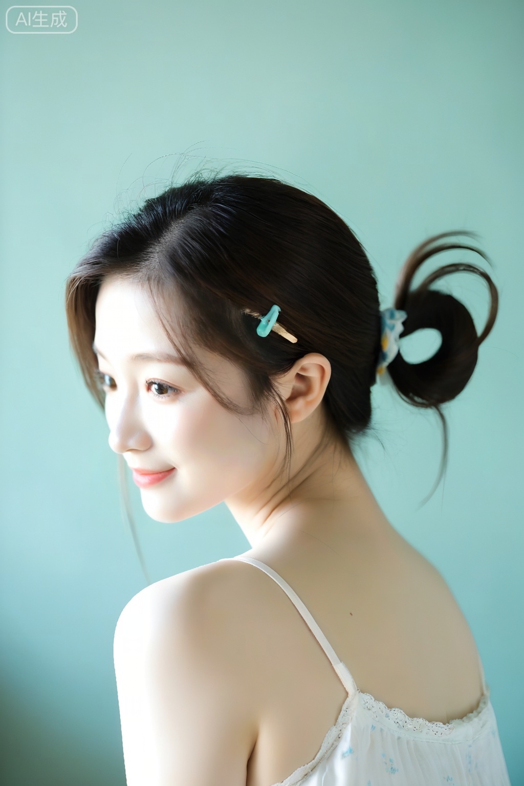 realistic,1girl, solo,  upper body,folded ponytail,light smile,camisole,hair ornament,,cowlick,hairclip,hair tucking