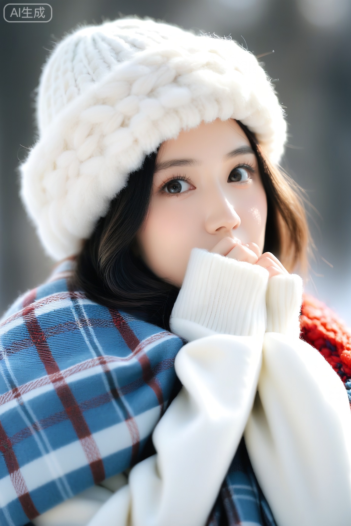Photo of a young woman with fair skin and brown hair, wearing a thick, fluffy white knit hat and a red knitted sweater with a snowflake pattern. She is holding a black and white plaid scarf up to her face, partially covering her mouth. The background is blurred, with a cool blue color, suggesting a winter scene. Her eyes are looking directly at the camera, with a neutral expression. The lighting is soft and warm, creating a cozy atmosphere. The focus is on her face and scarf, with a shallow depth of field blurring the background. The overall mood is warm and inviting, despite the cold winter setting.
,score_9,score_8_up,score_7_up,source_real,realistic,photorealistic,