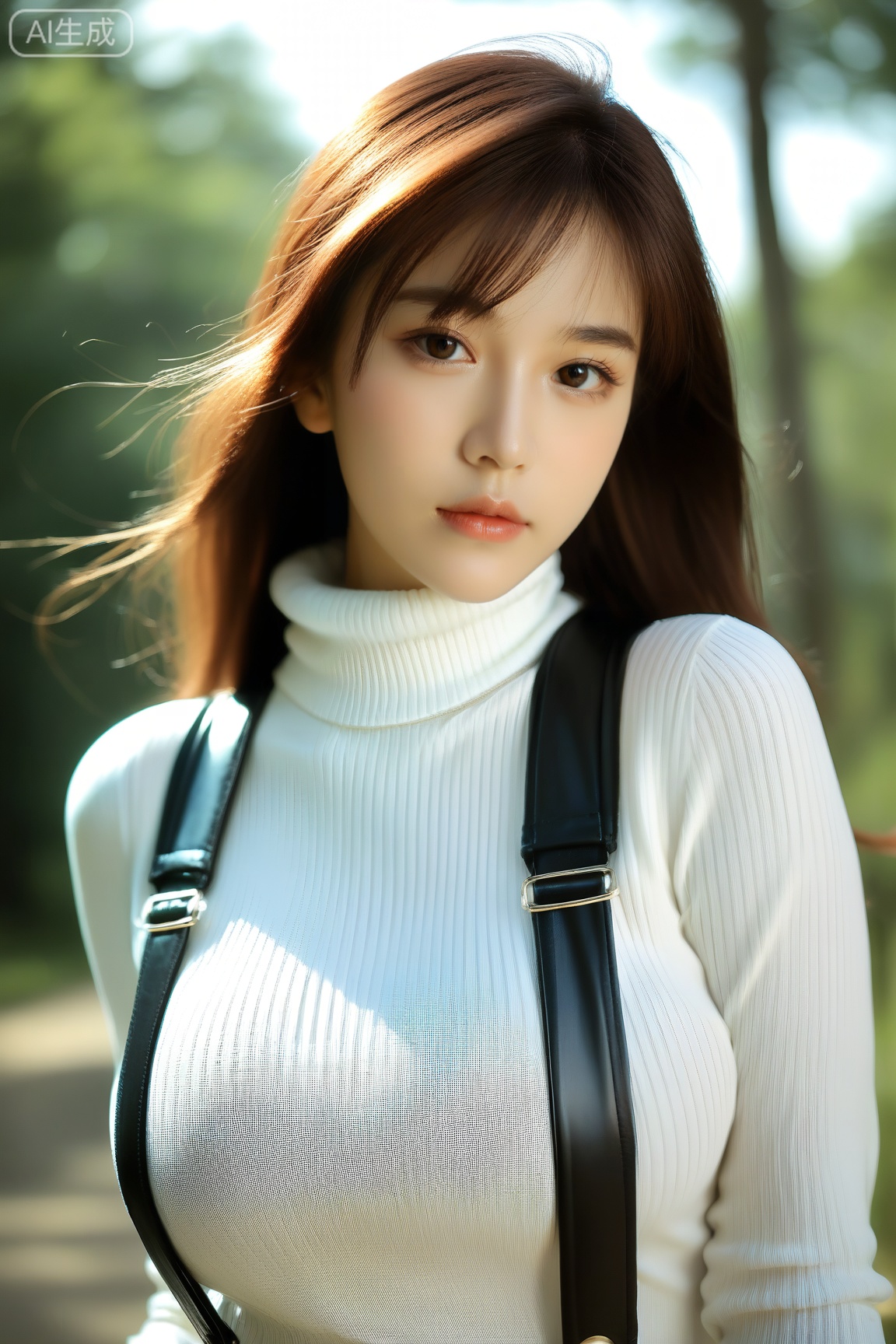 score_9, score_8_up, score_7_up, score_6_up, realistic, photo, dynamic angle, dramatic shadows, detailed face hair and eyes, detailed skin, depth of field, BREAK, 1girl, (cute:1.2), innocent and alluring, long hair, alternative vibe, brown eyes, large breasts, white turtleneck sweater, leather suspenders, portrait, outdoor, forest, looking at viewer, generous, serene