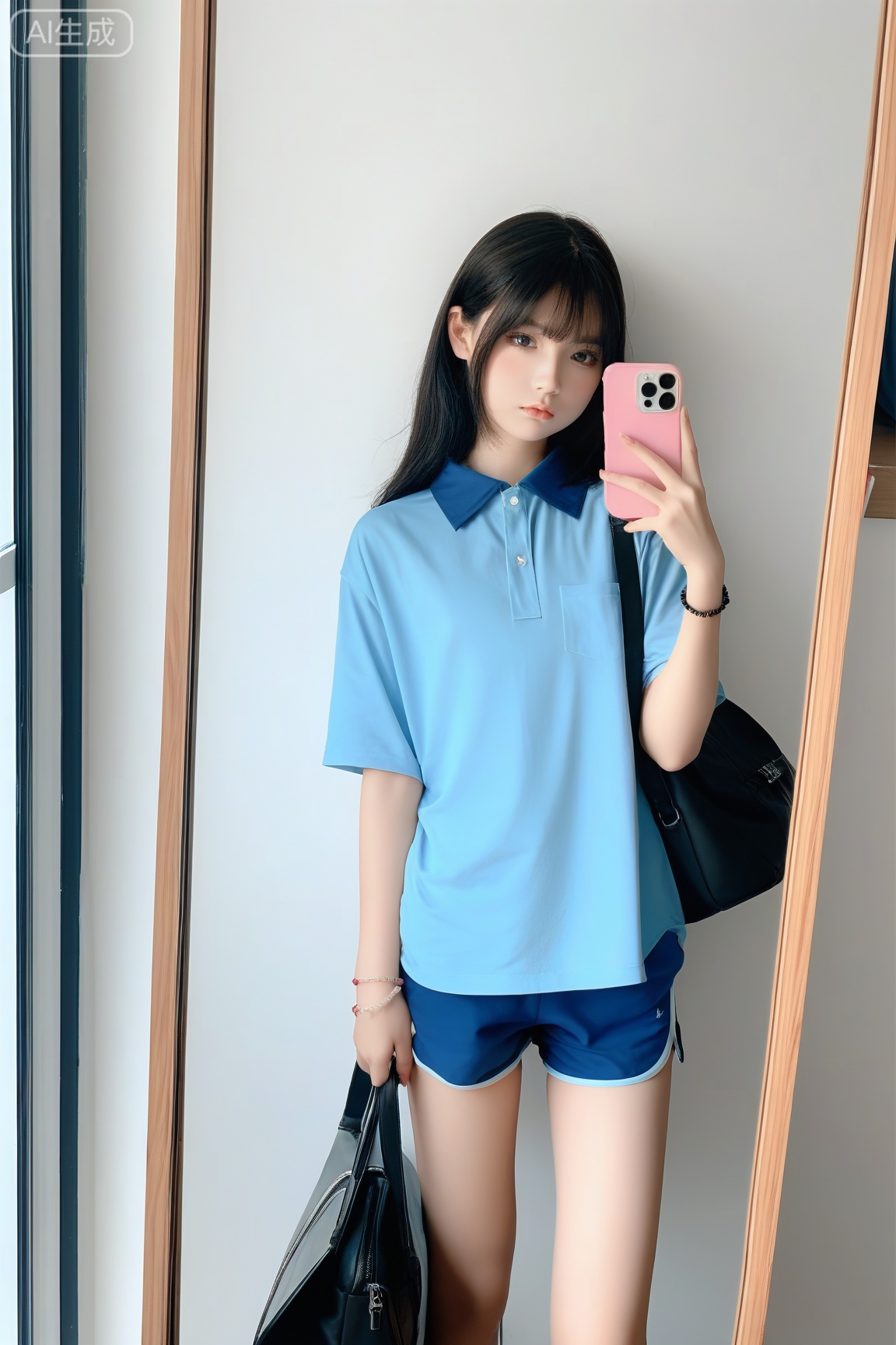 score_9, score_8_up, score_7_up,1girl, flat chest,oversized collared polo shirt,white wall,short sleeve,,blue shorts, dark hair,sad,,looking at viewer,selfie,holding pink phone,bracelet,dark bag,in mirror,long hair