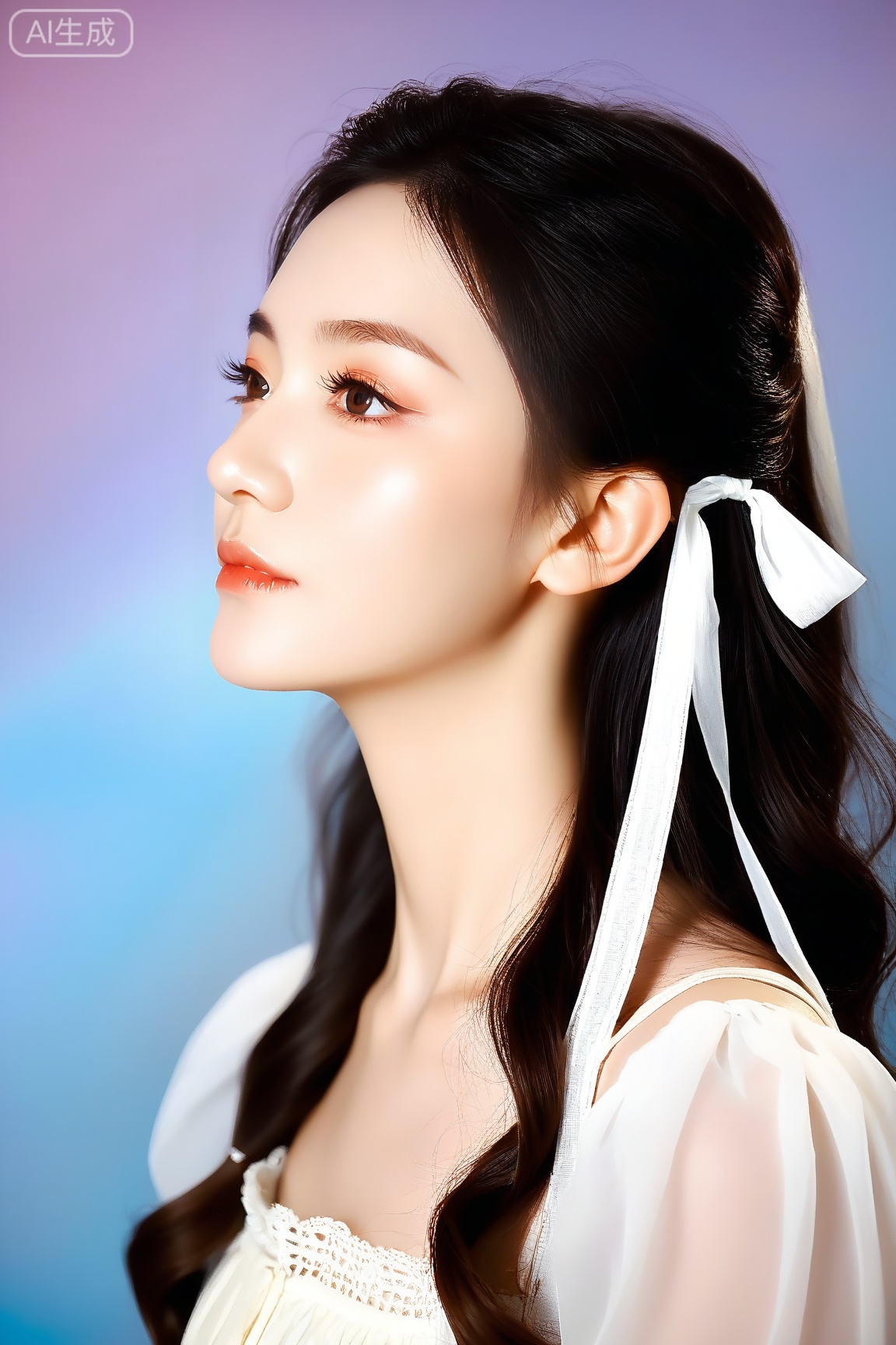 A serene portrait of a mysterious young woman, her soft gaze conveying a sense of quiet introspection. Her flowing dark hair cascades like a gentle stream, with a white ribbon subtly tied as if symbolizing purity. The lace detail of her blouse evokes a timeless, almost ethereal quality. The background is replaced with a smooth gradient, transitioning subtly from a soft pastel hue to a gentle, luminous tone, emphasizing her delicate features. The interplay of light and shadow on her face creates a poetic rhythm, allowing her elegance and beauty to stand out against the minimalist, dreamlike backdrop.
,score_9,score_8_up,score_7_up,source_real,realistic,photorealistic,