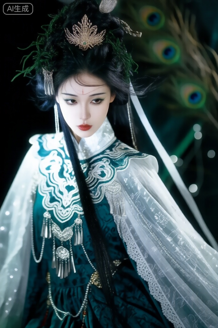 华丽人物,高角度构图,高位视平线,动感构图,时间凝固瞬间,头发绸缎一般光泽复古装饰,银饰,金属额饰,精致发冠,超级多的头发,海藻般的头发,碎发随风摆动,复古发饰,超长流苏,唯美朦胧美,身材超好的美女人物特写,雌雄莫辨,正面视角,对称构图,超长白色发带浅景深,光斑点缀,暗面配色：银白+蓝绿和翠绿, 背景：孔雀羽毛配色衣服材质：刺绣云肩+亮片纱+提花京绣+欧根纱+飘带+花边+披风繁复垂坠褶皱+华丽丰富饰品+传统衣服暗纹。