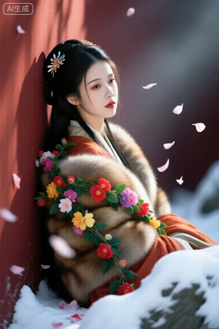 古风,色彩层次,故事感,画面定格,意境。朦胧美。氤氲,渲染,丁达尔效应。色彩搭配。少女,貂毛汉服,发簪,靠着深暗红墙壁,鲜艳缤纷花藤缠绕身上,落花飞舞,花瓣。特写,符合场景的动作,积雪,
