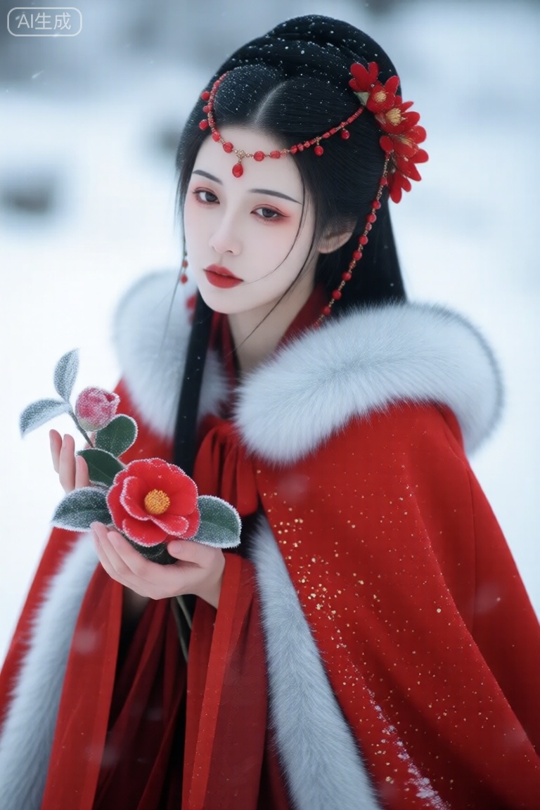 红绡斗篷滚银狐毛边,美人掌心托着带冰霜的艳红山茶,发间红珊瑚珠串与花朵同色,雪地,飘落的雪花混着细碎金砂闪烁。 一位绝色美人。超清画质。高品质。