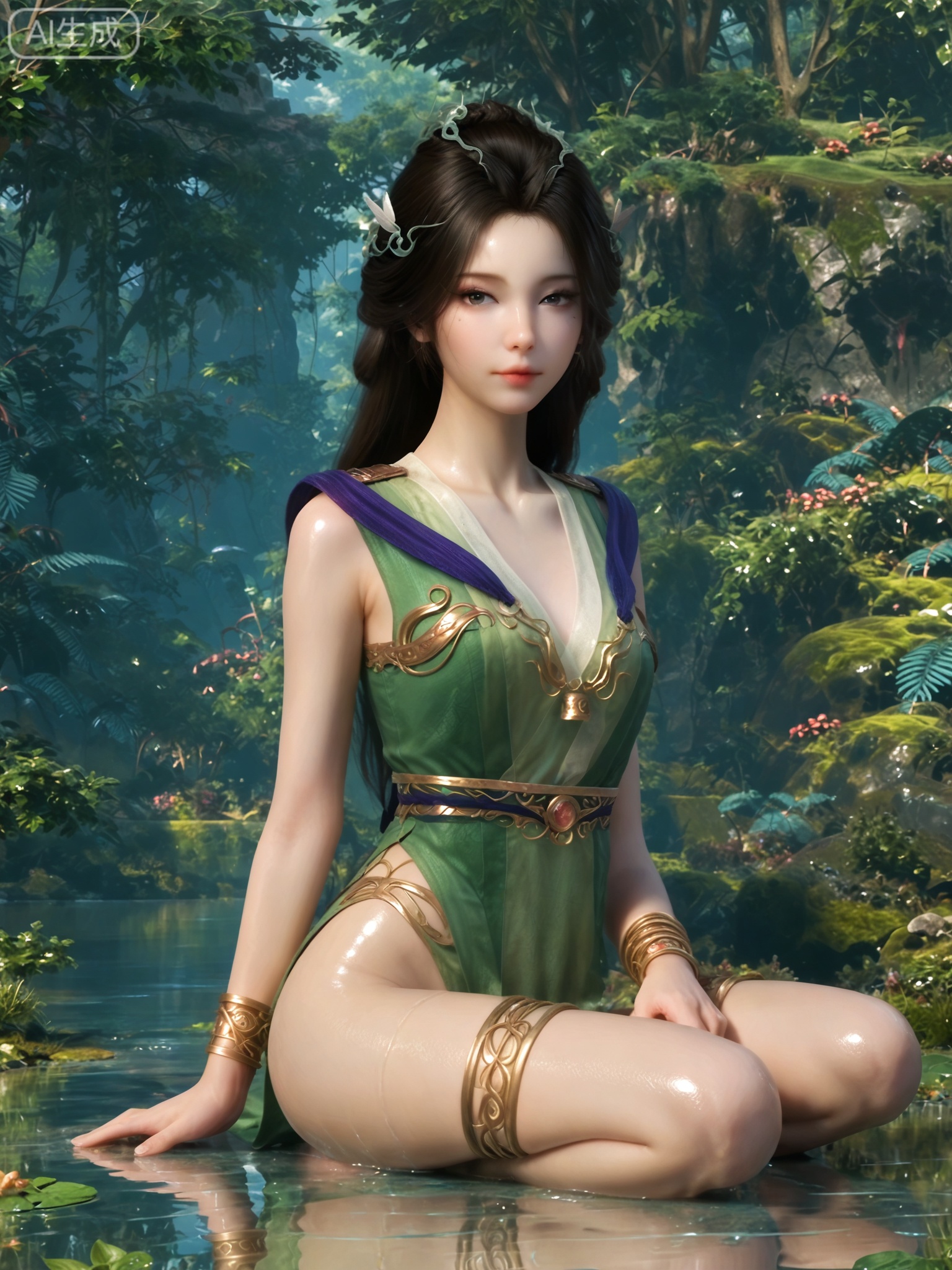 score_9,score_8_up,score_7_up,1girl,looking_at_viewer,realistic,photorealistic,1girl,Vivid Colors,bright environment,shiny skin,detail eyes,Eyes highlights,extreme detail description,(full body:0.8),light,sunshine,bright,reflection,bright,sunshine on face,shiny,shinny,petite,thin,leg slimming,lose weight,slim hips,lakeside,delicate water,reflection,specular reflection,sitting_down,bracelet,black-hair,