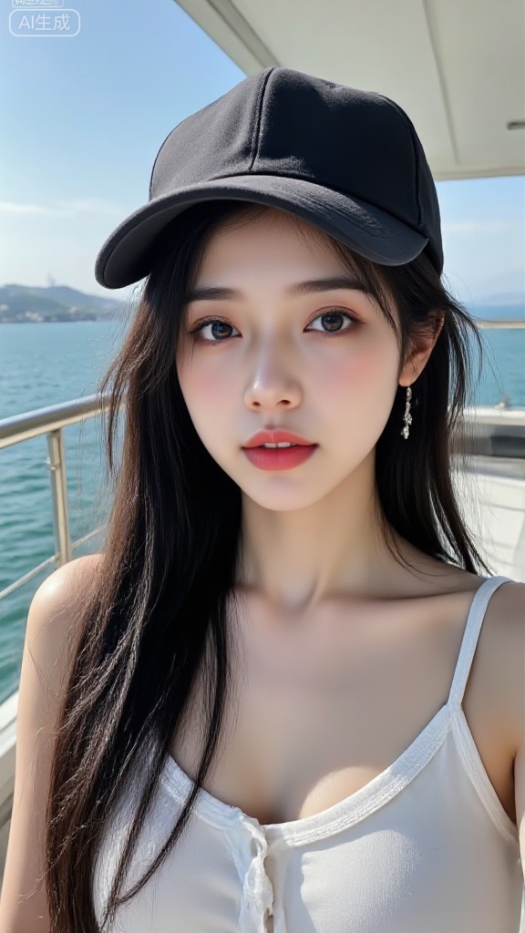 Asian woman, 18-22 years old, wearing a dark baseball cap, long hair, earrings, and casual clothes, with a background on a large flat balcony, leaning against a glass railing, beautiful wildness, delicate facial features, slimming face and big eyes, a small straight nose, a small cherry mouth, and a pointed chin. The hair is thin and soft, and the sideburns are naturally hanging down, reflecting the luster slightly. The gourd-shaped S-shaped figure shows off the collarbone lines. The composition is a front-facing selfie with a slight elevation angle and the lens is slightly skewed. The light is natural soft sunlight, 2800K soft sunlight, using Rembrandt light to highlight the three-dimensional outline. The expressions are natural and cute, the movements are casual, the overall atmosphere is real and calm, without any sense of embellishment, presenting a daily snapshot style. Bright tone, bright shadow, emphasizing the moments of real life.