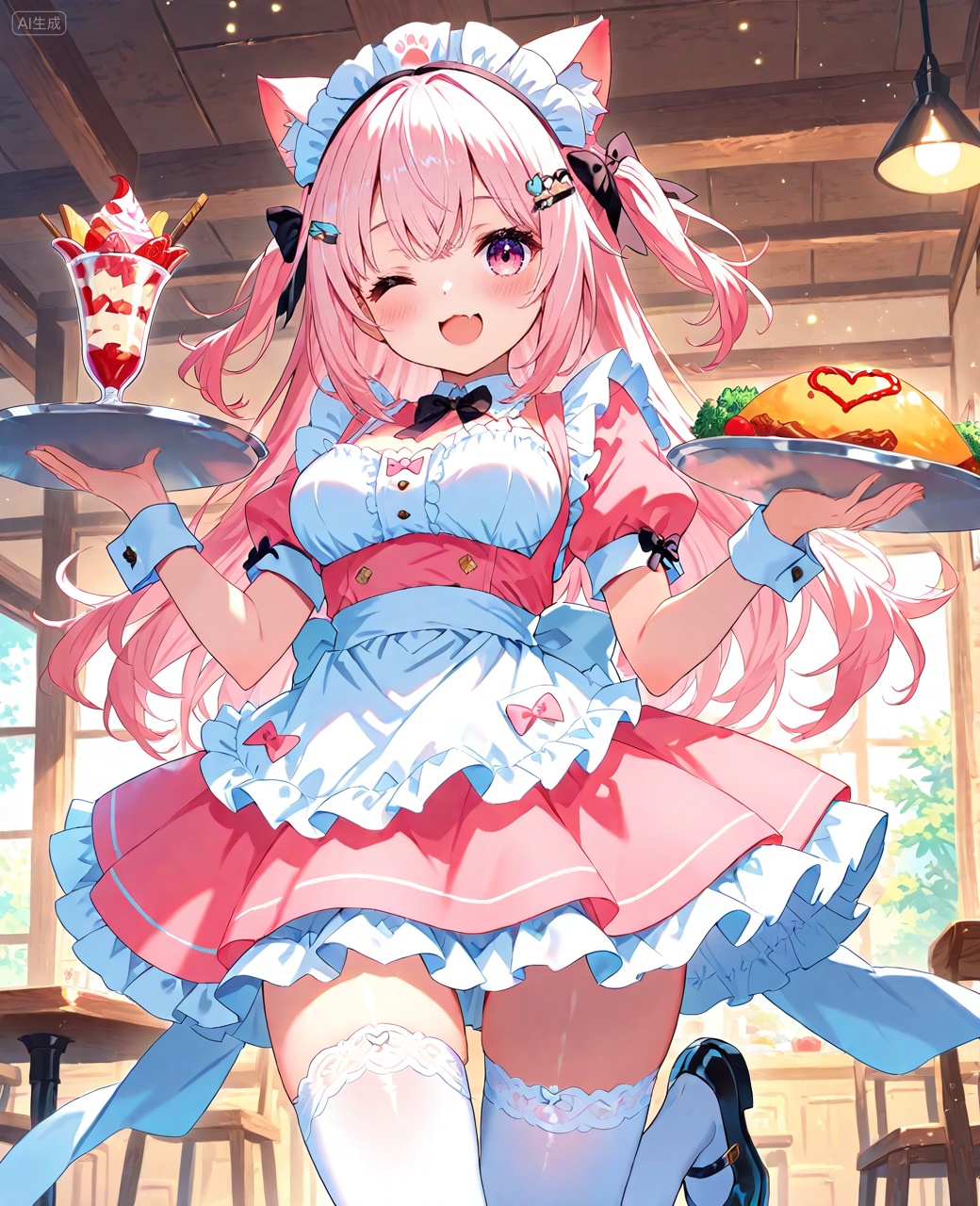 O,1girl, solo, one eye closed, pink hair, omurice, food, thighhighs, maid headdress, animal ears, long hair, virtual youtuber, omelet, apron, smile, tray, bow, maid, white thighhighs, holding, open mouth, hair ornament, purple eyes, wrist cuffs, fruit, looking at viewer, black footwear, ,d, cat ears, bangs, short sleeves, frills, blush, breasts, dress, hair bow, pink eyes, parfait, hairclip, animal ear fluff, puffy short sleeves, pink dress, holding tray, shoes, ribbon, maid apron, medium breasts, white apron, cup, puffy sleeves, waitress, ketchup, Negative prompt: ((nsfw)),sketches,tattoo,(beard:1.3),(EasyNegative:1.3),badhandv4,(Teeth:1.3),(worst quality:2),(low quality:2),(normal quality:2),lowers,normal quality,facing away,looking away,text,error,extradigit,fewerdigits,cropped,jpegartifacts,signature,watermark,username,blurry,skinspots,acnes,skinblemishes,badanatomy,fat,bad feet,cropped,poorly drawn hands,poorly drawn face,mutation,deformed,tilted head.bad anatomy.bad hands,extra fingers,fewer digits.,extra limbs.extra arms,extra legs,malformed limbs.fused fingers.,too many fingers,long neck,cross-eyed,mutated hands,bad body,bad proportions,gross proportions,text,error,missing fingers,missing arms,missing legs,extra digit,extra arms,extra leg,extra foot,missing fingers,nsfw,,nsfw, Steps: 25, Sampler: DPM++ 2M Karras, CFG scale: 7.0, Image CFG scale: 1.5, Seed: 578234785, Size: 1040x1280, Model hash: 9fefdb2c24, Model: 我大多数_1.0.safetensors, Denoising strength: 0.4, Clip skip: 2, RNG: CPU, Mask blur: 4, Lora 1: 动漫二次元眼睛刻画（基础XL）, Lora Hash 1: 488bf17588, Lora Weight 1: 0.8, Lora 2: 二次元厚涂风格模型, Lora Hash 2: 571eba0c12, Lora Weight 2: 0.6, Lora 3: 二次元动漫细节加强, Lora Hash 3: 600d97257e, Lora Weight 3: 0.3, Lora 4: Xian-T手部修复lora（不用controlnet也不坏手了）, Lora Hash 4: 4ec9e988a2, Lora Weight 4: 1.0, Lora 5: 润光A, Lora Hash 5: 93bf4ab238, Lora Weight 5: 0.2, vae_name: automatic