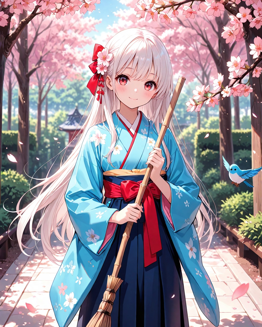 1girl,japanese clothes,solo,long hair,smile,flower,kimono,hair flower,looking at viewer,hair ornament,outdoors,cherry blossoms,red eyes,holding,blush,pink flower,bird,bangs,hakama,blurry,closed mouth,wide sleeves,white hair,long sleeves,skirt,day,blue kimono,branch,holding broom,broom,hakama skirt,bow,petals,very long hair,ribbon,tree,red bow,blurry background,depth of field,floral print,standing,hair ribbon,, Negative prompt: ((nsfw)),sketches,tattoo,(beard:1.3),(EasyNegative:1.3),badhandv4,(Teeth:1.3),(worst quality:2),(low quality:2),(normal quality:2),lowers,normal quality,facing away,looking away,text,error,extradigit,fewerdigits,cropped,jpegartifacts,signature,watermark,username,blurry,skinspots,acnes,skinblemishes,badanatomy,fat,bad feet,cropped,poorly drawn hands,poorly drawn face,mutation,deformed,tilted head.bad anatomy.bad hands,extra fingers,fewer digits.,extra limbs.extra arms,extra legs,malformed limbs.fused fingers.,too many fingers,long neck,cross-eyed,mutated hands,bad body,bad proportions,gross proportions,text,error,missing fingers,missing arms,missing legs,extra digit,extra arms,extra leg,extra foot,missing fingers,nsfw,,nsfw, Steps: 25, Sampler: DPM++ 2M Karras, CFG scale: 7.0, Image CFG scale: 1.5, Seed: 3039221038, Size: 1024x1280, Model hash: 9fefdb2c24, Model: 我大多数_1.0.safetensors, Denoising strength: 0.4, Clip skip: 2, RNG: CPU, Mask blur: 4, Lora 1: 动漫二次元眼睛刻画（基础XL）, Lora Hash 1: 488bf17588, Lora Weight 1: 0.8, Lora 2: 二次元厚涂风格模型, Lora Hash 2: 571eba0c12, Lora Weight 2: 0.4, Lora 3: 二次元动漫细节加强, Lora Hash 3: 600d97257e, Lora Weight 3: 0.3, vae_name: automatic