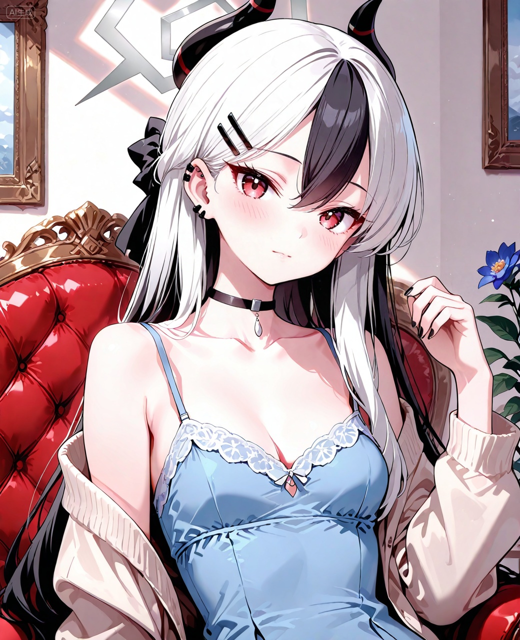 O,1girl,horns,red eyes,multicolored hair,kayoko (blue archive),solo,black hair,looking at viewer,black nails,white hair,two-tone hair,choker,breasts,upper body,flower,blush,hair between eyes,small breasts,nail polish,long hair,closed mouth,off shoulder,bangs,hairclip,cleavage,long sleeves,black choker,collarbone,spaghetti strap,hair ornament,piercing,halo,hand up,ear piercing,bare shoulders,, Negative prompt: ((nsfw)),sketches,tattoo,(beard:1.3),(EasyNegative:1.3),badhandv4,(Teeth:1.3),(worst quality:2),(low quality:2),(normal quality:2),lowers,normal quality,facing away,looking away,text,error,extradigit,fewerdigits,cropped,jpegartifacts,signature,watermark,username,blurry,skinspots,acnes,skinblemishes,badanatomy,fat,bad feet,cropped,poorly drawn hands,poorly drawn face,mutation,deformed,tilted head.bad anatomy.bad hands,extra fingers,fewer digits.,extra limbs.extra arms,extra legs,malformed limbs.fused fingers.,too many fingers,long neck,cross-eyed,mutated hands,bad body,bad proportions,gross proportions,text,error,missing fingers,missing arms,missing legs,extra digit,extra arms,extra leg,extra foot,missing fingers,nsfw,,nsfw, Steps: 25, Sampler: DPM++ 2M Karras, CFG scale: 7.0, Image CFG scale: 1.5, Seed: 4133715512, Size: 1040x1280, Model hash: 9fefdb2c24, Model: 我大多数_1.0.safetensors, Denoising strength: 0.4, Clip skip: 2, RNG: CPU, Mask blur: 4, Lora 1: 动漫二次元眼睛刻画（基础XL）, Lora Hash 1: 488bf17588, Lora Weight 1: 0.8, Lora 2: 二次元厚涂风格模型, Lora Hash 2: 571eba0c12, Lora Weight 2: 0.6, Lora 3: 二次元动漫细节加强, Lora Hash 3: 600d97257e, Lora Weight 3: 0.3, Lora 4: Xian-T手部修复lora（不用controlnet也不坏手了）, Lora Hash 4: 4ec9e988a2, Lora Weight 4: 1.0, Lora 5: 润光A, Lora Hash 5: 93bf4ab238, Lora Weight 5: 0.2, vae_name: automatic