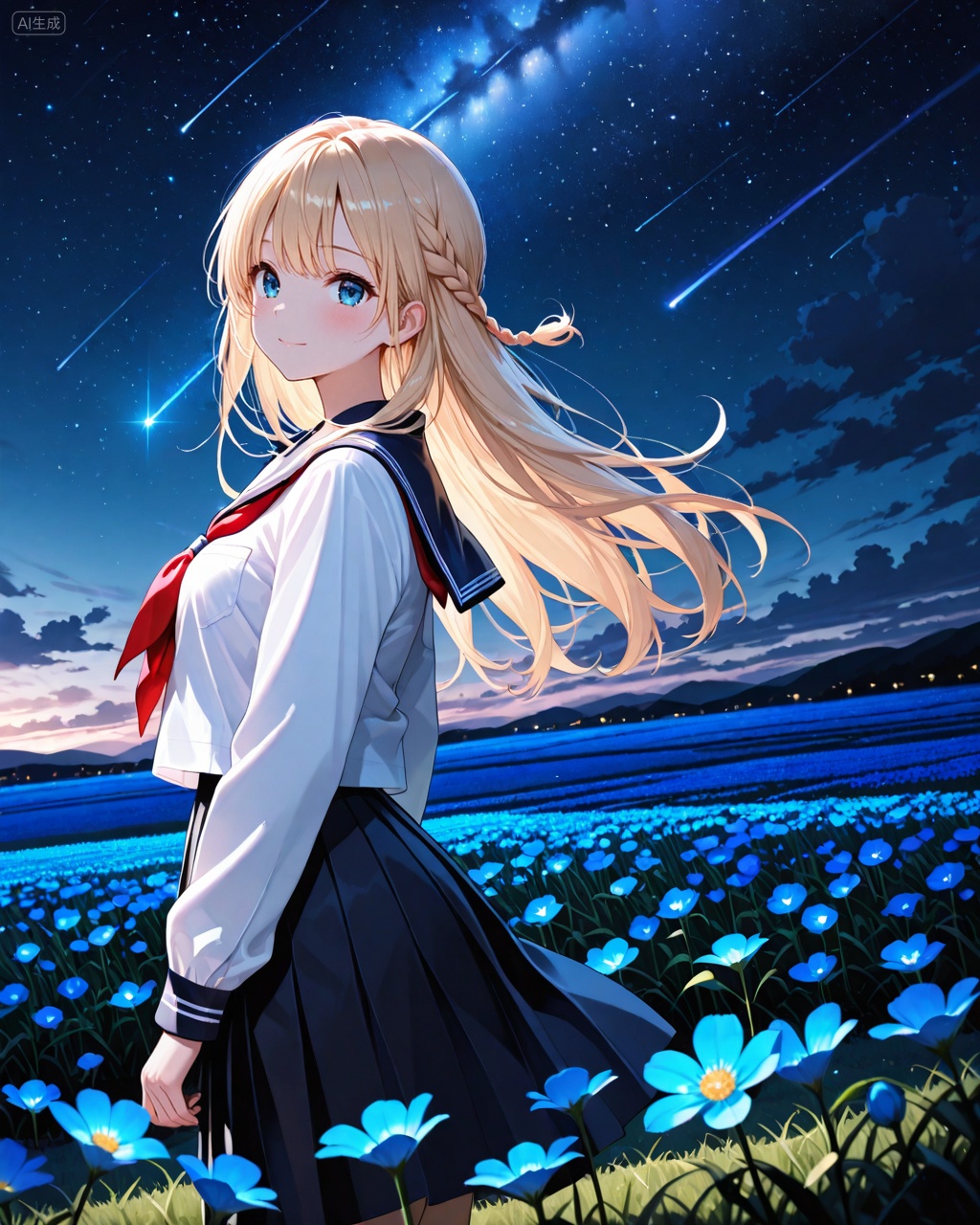 1girl, solo, outdoors, long hair, sky, skirt, blue eyes, school uniform, red neckerchief, star (sky), night, blonde hair, looking at viewer, shooting star, neckerchief, serafuku, flower, pleated skirt, starry sky, shirt, sailor collar, blush, night sky, white shirt, bangs, braid, black skirt, long sleeves, parted lips, cloud, from side, grass, smile, closed mouth, standing, field, blue flower,, Negative prompt: ((nsfw)),sketches,tattoo,(beard:1.3),(EasyNegative:1.3),badhandv4,(Teeth:1.3),(worst quality:2),(low quality:2),(normal quality:2),lowers,normal quality,facing away,looking away,text,error,extradigit,fewerdigits,cropped,jpegartifacts,signature,watermark,username,blurry,skinspots,acnes,skinblemishes,badanatomy,fat,bad feet,cropped,poorly drawn hands,poorly drawn face,mutation,deformed,tilted head.bad anatomy.bad hands,extra fingers,fewer digits.,extra limbs.extra arms,extra legs,malformed limbs.fused fingers.,too many fingers,long neck,cross-eyed,mutated hands,bad body,bad proportions,gross proportions,text,error,missing fingers,missing arms,missing legs,extra digit,extra arms,extra leg,extra foot,missing fingers,nsfw,,nsfw, Steps: 25, Sampler: DPM++ 2M Karras, CFG scale: 7.0, Image CFG scale: 1.5, Seed: 2710275541, Size: 1024x1280, Model hash: 9fefdb2c24, Model: 我大多数_1.0.safetensors, Denoising strength: 0.4, Clip skip: 2, RNG: CPU, Mask blur: 4, vae_name: automatic