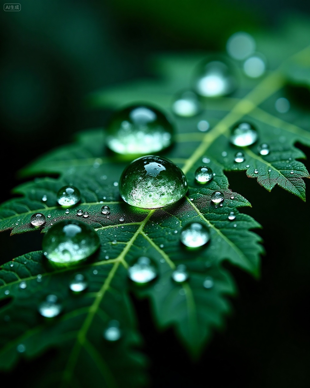 <lora:Shiny_water_droplets_style:1.0> ShinyDroplets style. A delicately lit close-up of a green leaf adorned with crystal-clear droplets, each refracting soft bokeh from a dark forest background. The surface of the leaf is textured with undulating veins and finely serrated edges, the droplets distributed in organic clusters that mirror its contours. Some droplets form bulging hemispheres that magnify the leafâs cell-like pattern beneath, while others trace along the margins with liquid tension. Cool ambient light creates radiant highlights and subtle reflections, bringing out a balanced palette of rich greens and luminous white glints. Captured with macro depth and a soft foreground blur, the composition delivers botanical intimacy and tonal richness., Negative prompt: ng_deepnegative_v1_75t,(badhandv4:1.2),EasyNegative,(worst quality:2),,nsfw, Steps: 30, Sampler: Euler, CFG scale: 3.5, Seed: 350096199, Size: 1024x1280, Model hash: 8cba4f1ef4, Model: F.1基础算法模型-哩布在线可运行_F.1-dev-fp8.safetensors, Denoising strength: 0, RNG: CPU, Lora 1: 112333, Lora Hash 1: 5c4af06173, Lora Weight 1: 0.8, vae_name: automatic